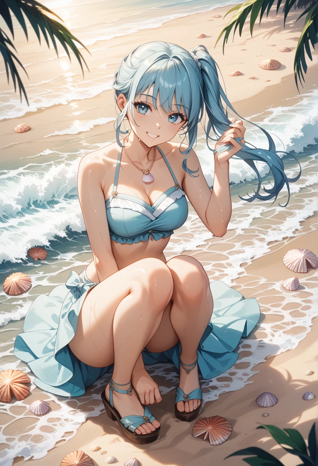 (Sky blue hair),(Braided hair tied together)、Pink eyes、Fair skin、(whole body)、(One Girl)、bikini、Shining white sand beach in midsummer、Okinawa's ocean、A happy smile、、(masterpiece、Highest quality、Very detailed、Best Shadow)、(Detailed Background)、(Beautifully detailed face)、High contrast、(Best lighting、Very delicate and beautiful)、((Cinematic Light))、colorful、Hyper Detail、Dramatic Light、Exquisite detail、Jumping and having fun