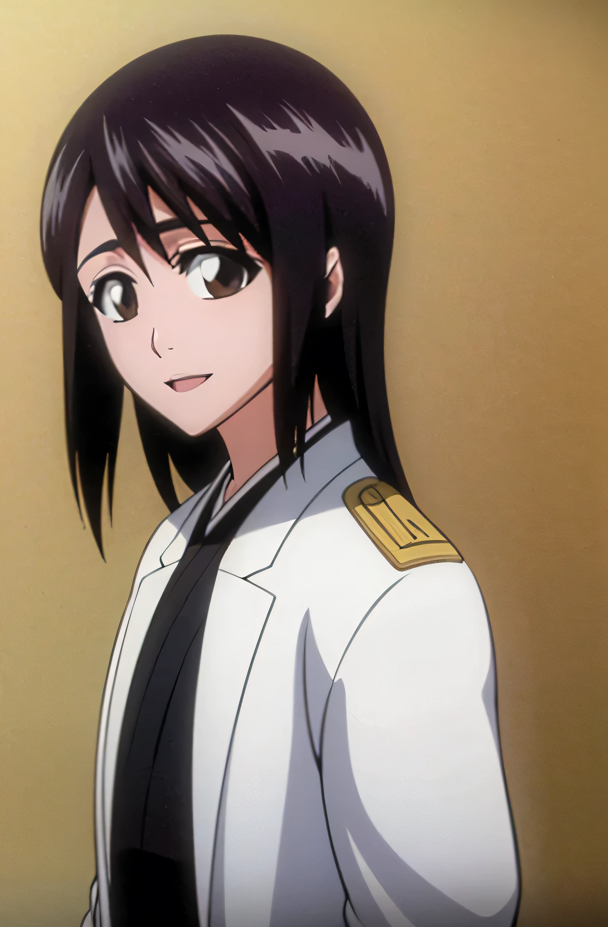 masterpiece, Highest quality , one girl from the side , romantic love , black hair, single ,straight long hair, Vancouver, brown eyes, kimono, white sleeveless coat ,Captain's coat without white sleeves, black kimono , smile, alone, I'm looking for , simple background ,