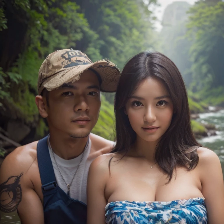 "A 17-year-old Korean woman, crying in fear, caught in the rain with wet clothes, wearing a lingerie, being grabbed from behind by a 40-year-old Indonesian man with a creepy smile, wearing shorts, shirtless. The background shows a forest scene with tall trees, realistic."