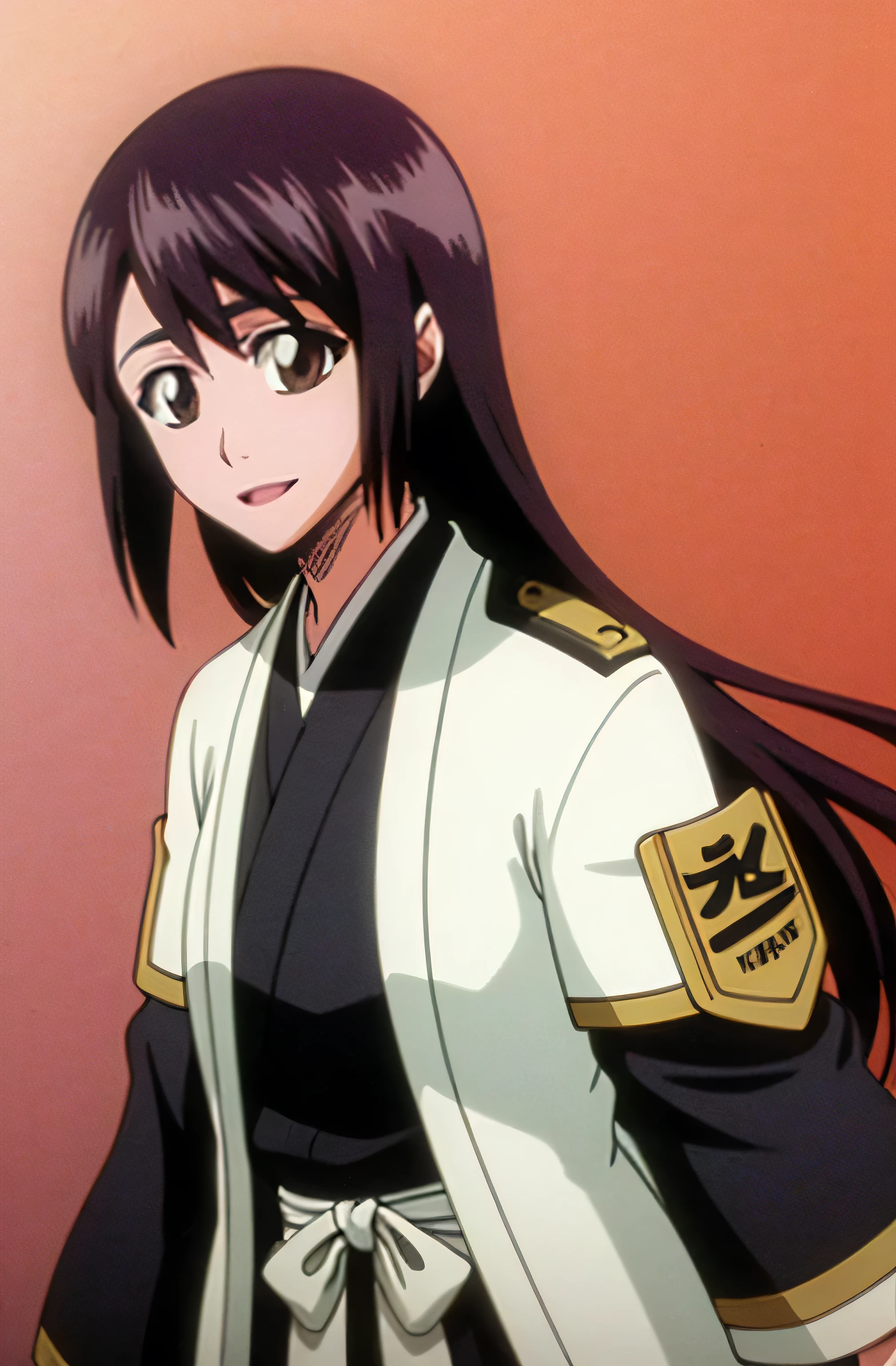 masterpiece, Highest quality , one girl from the side , romantic love , black hair, single ,straight long hair, Vancouver, brown eyes, kimono, white sleeveless coat ,Captain's coat without white sleeves, black kimono , smile, alone, I'm looking for , simple background ,