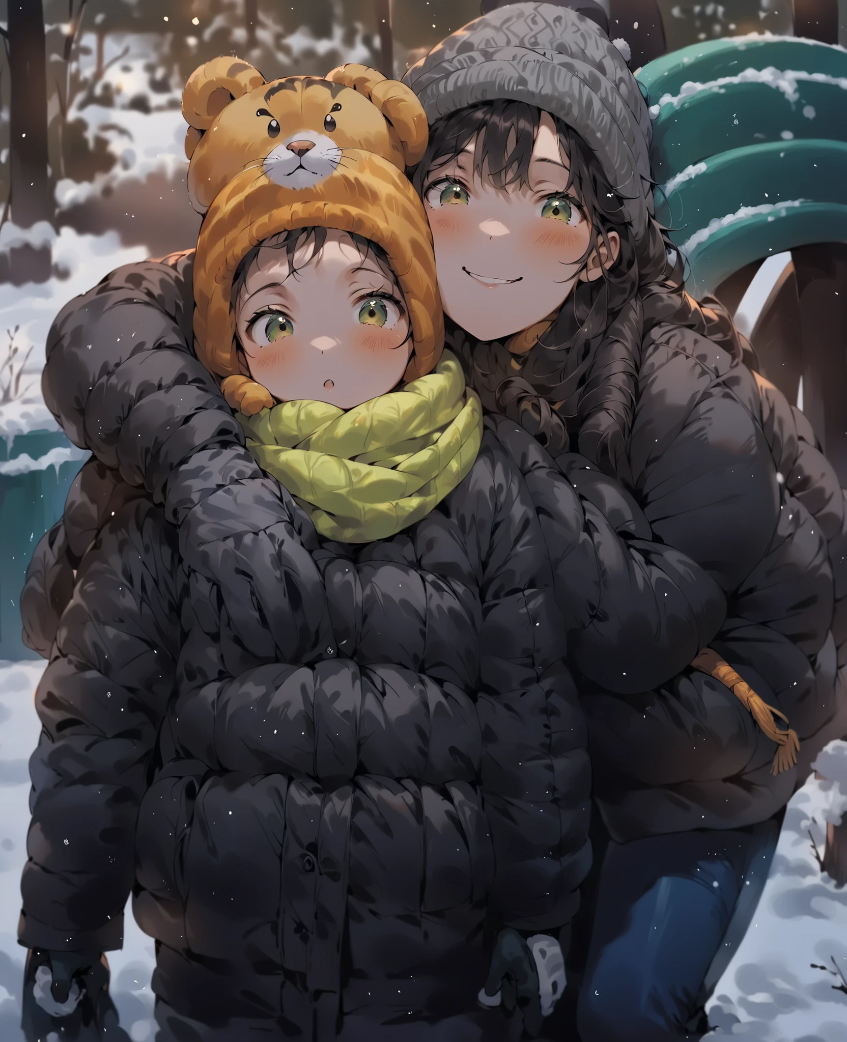A loving mother and her young child hugging outdoors during winter. The mother is wearing a gray beanie, thick winter jacket with green and gray patterns, and gloves. The child is bundled up in a dark puffy coat, a bright green scarf, black gloves, and a fun tiger hat with ears. The child is standing while the mother kneels behind, wrapping her arms lovingly around them. Snow covers the ground, and a green playground structure is visible in the background. The mood is warm, affectionate, and wholesome. Natural lighting, candid winter photo style, strong family bond.