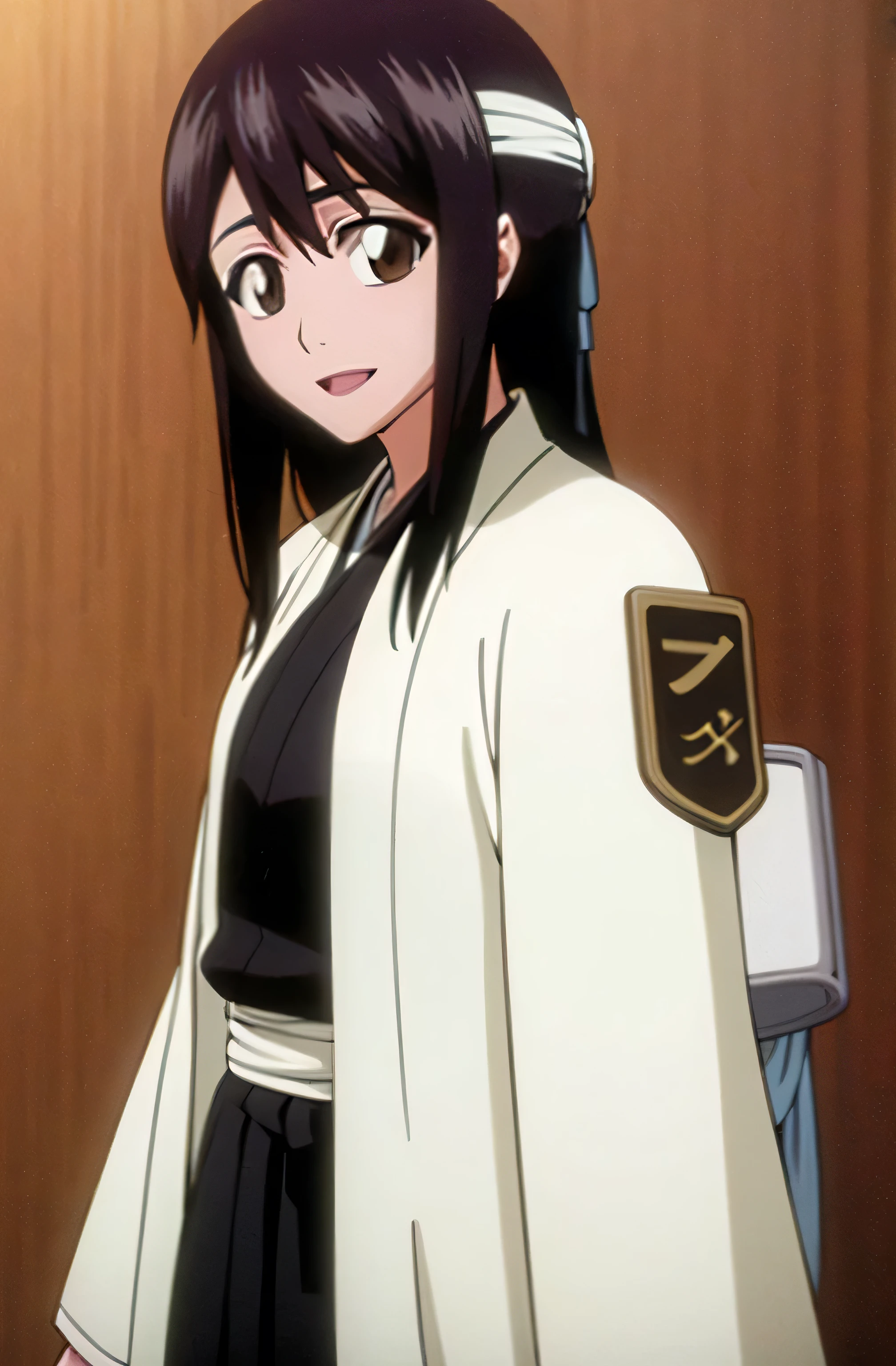 masterpiece, Highest quality , one girl from the side , romantic love , black hair, single ,straight long hair, Vancouver, brown eyes, kimono, white sleeveless coat ,Captain's coat without white sleeves, black kimono , smile, alone, I'm looking for , simple background ,