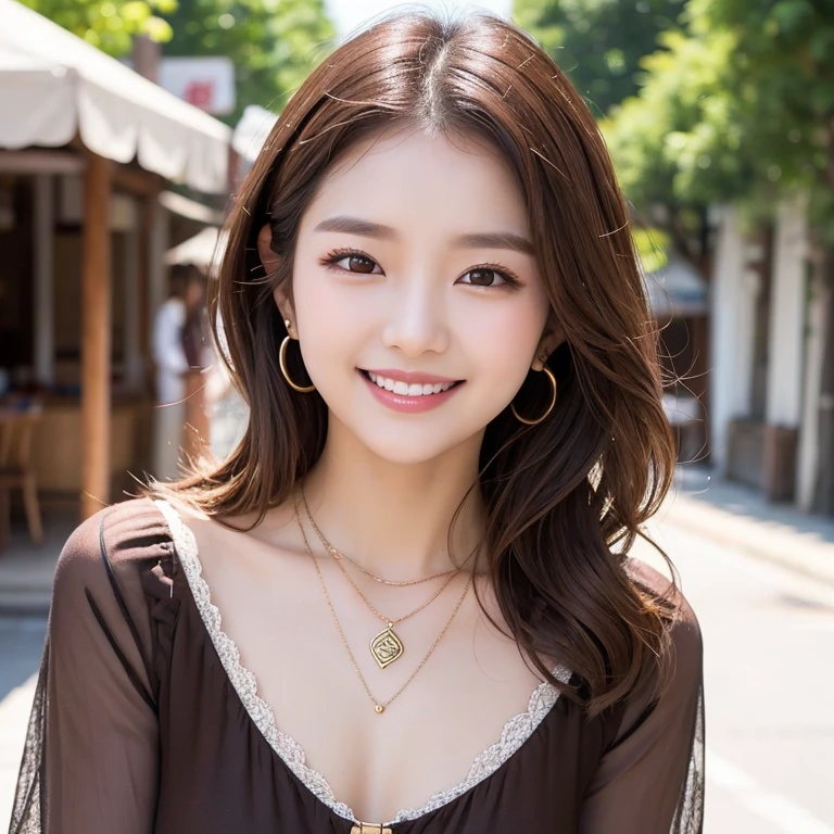 Highest quality、High resolution、8k wallpaper、Dense and beautiful eye-glue hair、(Beautiful breasts:1.3)、Natural color lip、2 woman、Brown Hair、smile、Semi-long hair、Hair tied up、Wearing a necklace and earrings、Wearing a cute pink outfit、Cafe Terrace、Outdoor、Stylish、In town、Sitting in a chair、Drinking coffee