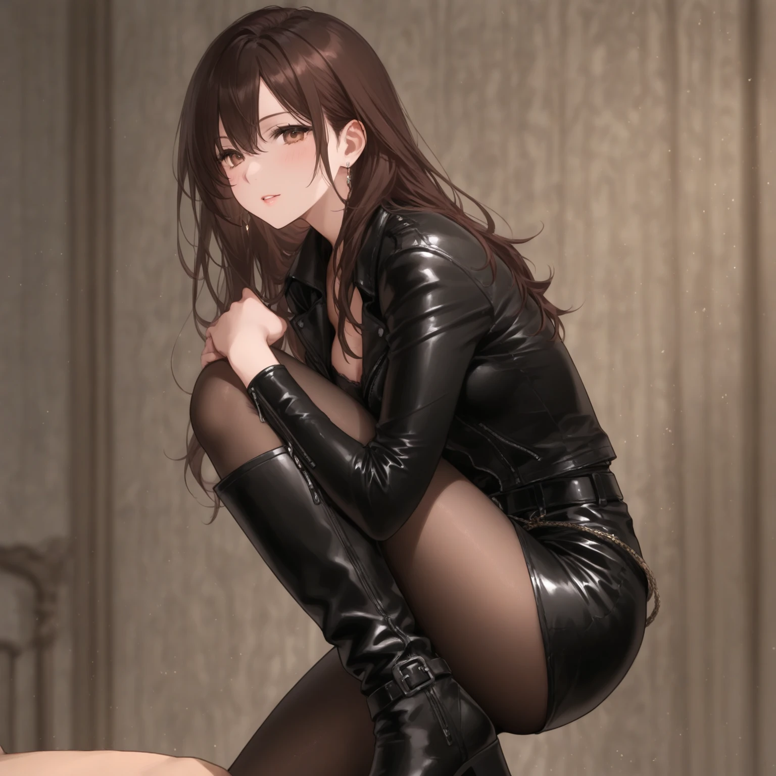 1 female, Black Pantyhose, High heels, Brown high ponytail, Open, Squat, Face Audience, Tabletop, highest quality, 8k, Highly detailed face and skin texture, Fine grain, Wet body, Long Hair, Browsing Caution, No pants, No pants, The tide blows, Urine