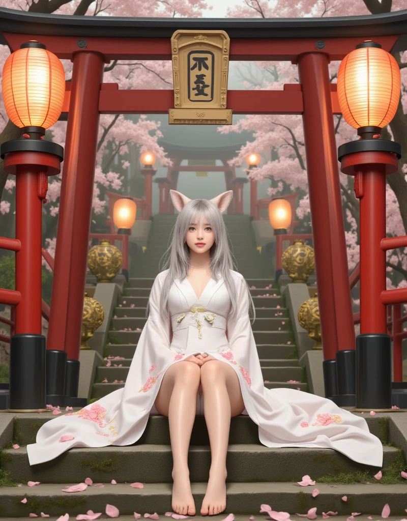 Best Image Quality, MasterPiece, Ultra High Resolution, (Accuracy: 1.4), Very beautiful girl, long straight hair, white hair with bangs, dressed in an unbuttoned kimono, naked big breasts, sitting in the lotus position, hands pointing to the sides, reciting mantras, in the background behind a large fluffy hare (center), looking at the camera, background of the night starry sky, red moon. detailed eyes and face, naked body,, nfsw Beautiful detailed eyes, halo around the head, dull, dark, membranous, 1.5), (erotic clothing: 1.4), bare shoulders.
