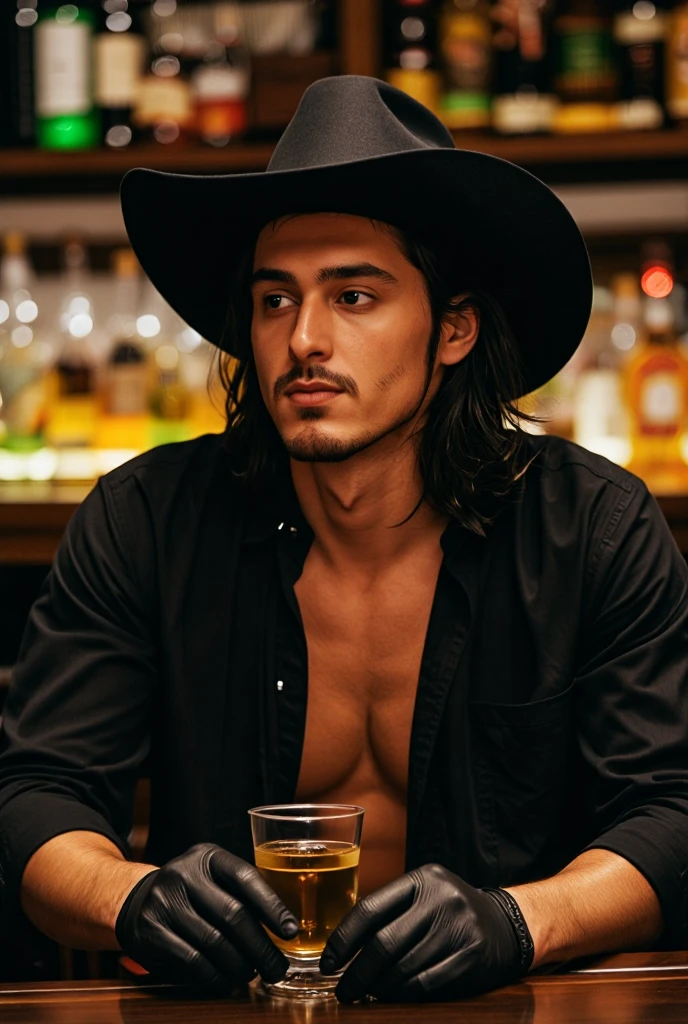 Young handsome cute beautiful skinny white face without shirt in a cowboy bar sitting on an armchair black hat black clothes serving beer shots nice ass