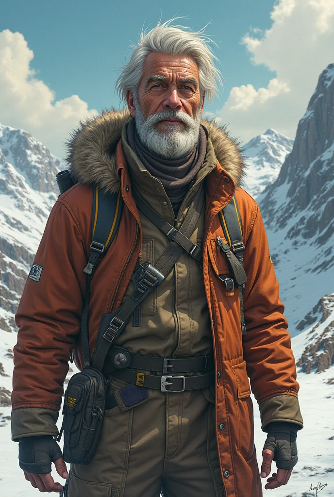 ((1man)) a muscular old man walking in a blizzard, side view, snow, ice age, wind, mist, rock hills, mwvector