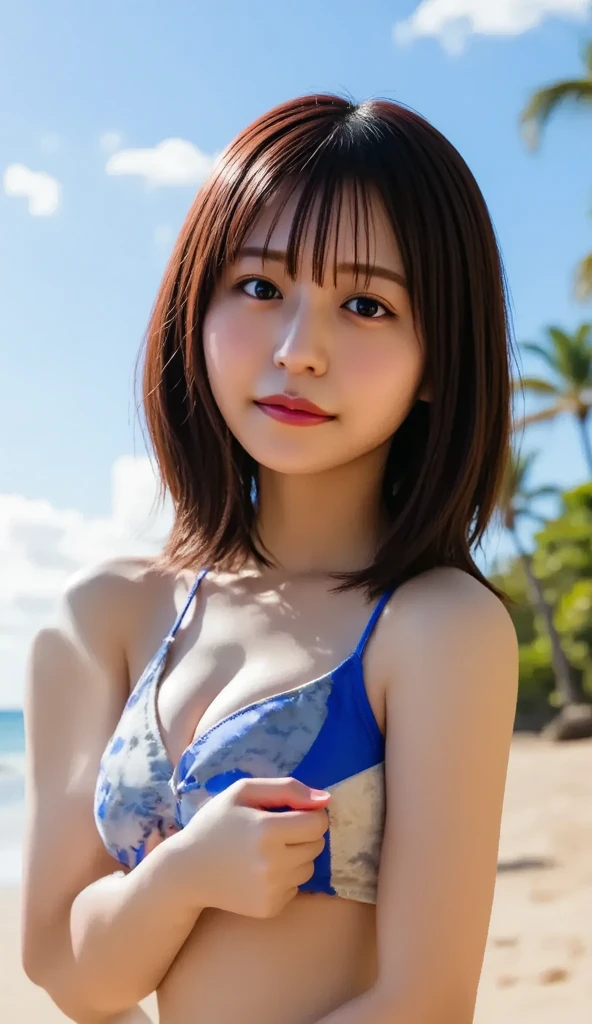 (((masterpiece))), (((highest quality: 1.4))), ((Very detailed: 1.4)) , ulzzang-6500-v1.1, (RAW Photos:1.2), (Realistic), (Genuine:1.4), Very detailed, Sharp focus,Japanese woman standing on a bridge in Miyako Island、Stunningly beautiful blue ocean in the background、Random Color、Halter neck swimsuit、My hair is blown wildly by the wind、happiness、Romantic、delight、Detailed eyes、Detailed face、Japanese Goddess、Duck mouth、Shiny skin、Realistic skin texture、West Shot、