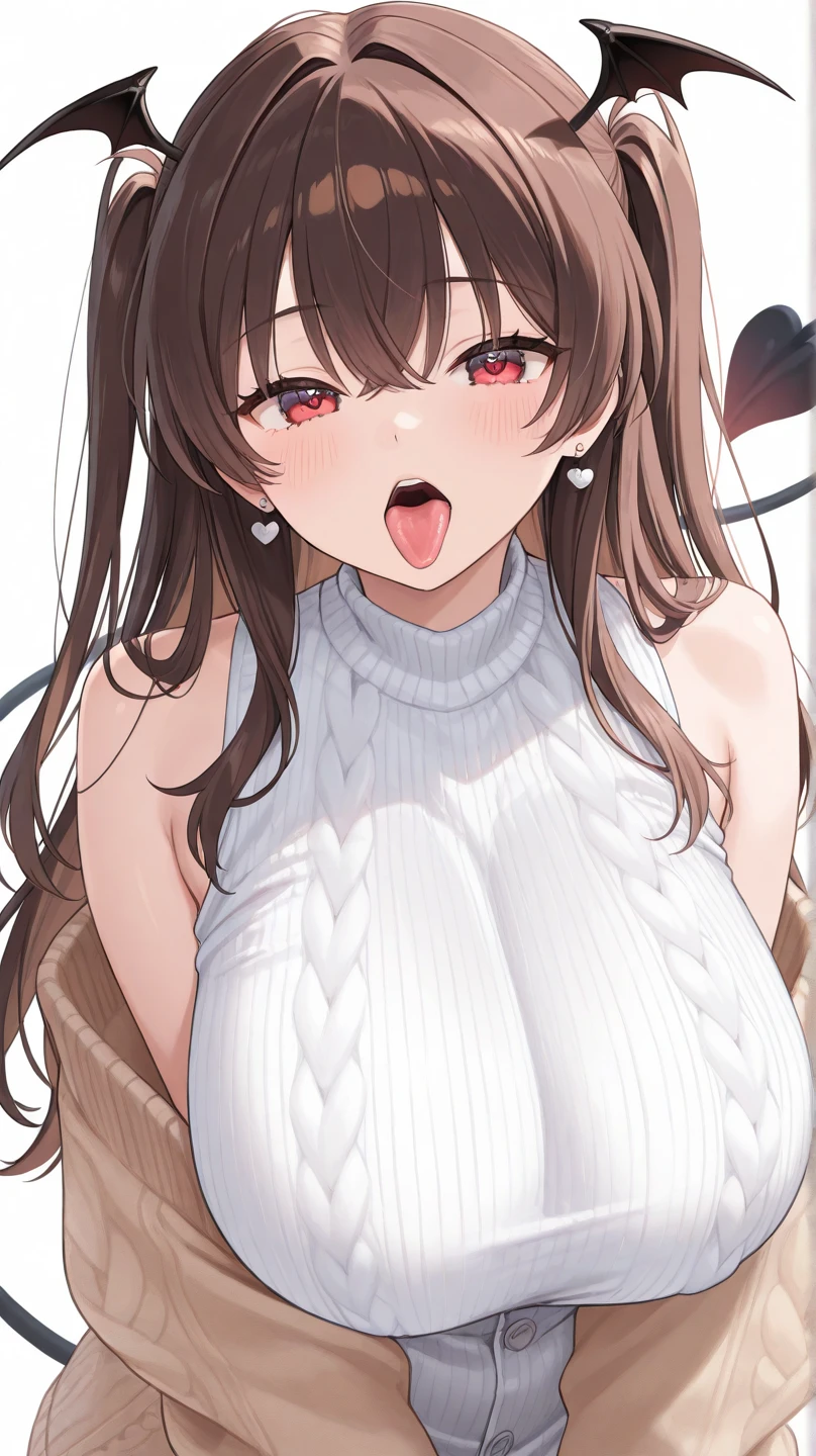 slender, mature female, 1girl, brown_hair, breasts, blush, long_hair,jewelry, animal_ears, necklace, large_breasts, smile, monster_girl, wolf_tail, tail, cleavage, eyebrows_visible_through_hair, wolf_ears, bangs, heart, hair_between_eyes, sidelocks, solo_focus, solo, collarbone, bare_shoulders, speech_bubble, fang