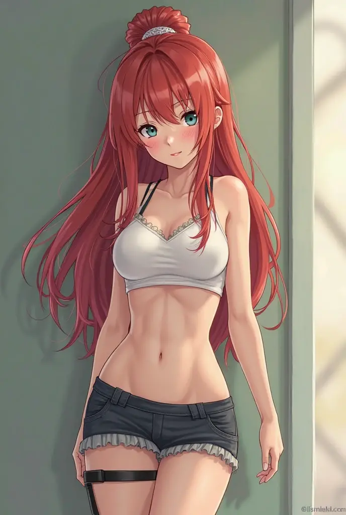 Front tied top, red hair roots, green hair points, green eyes