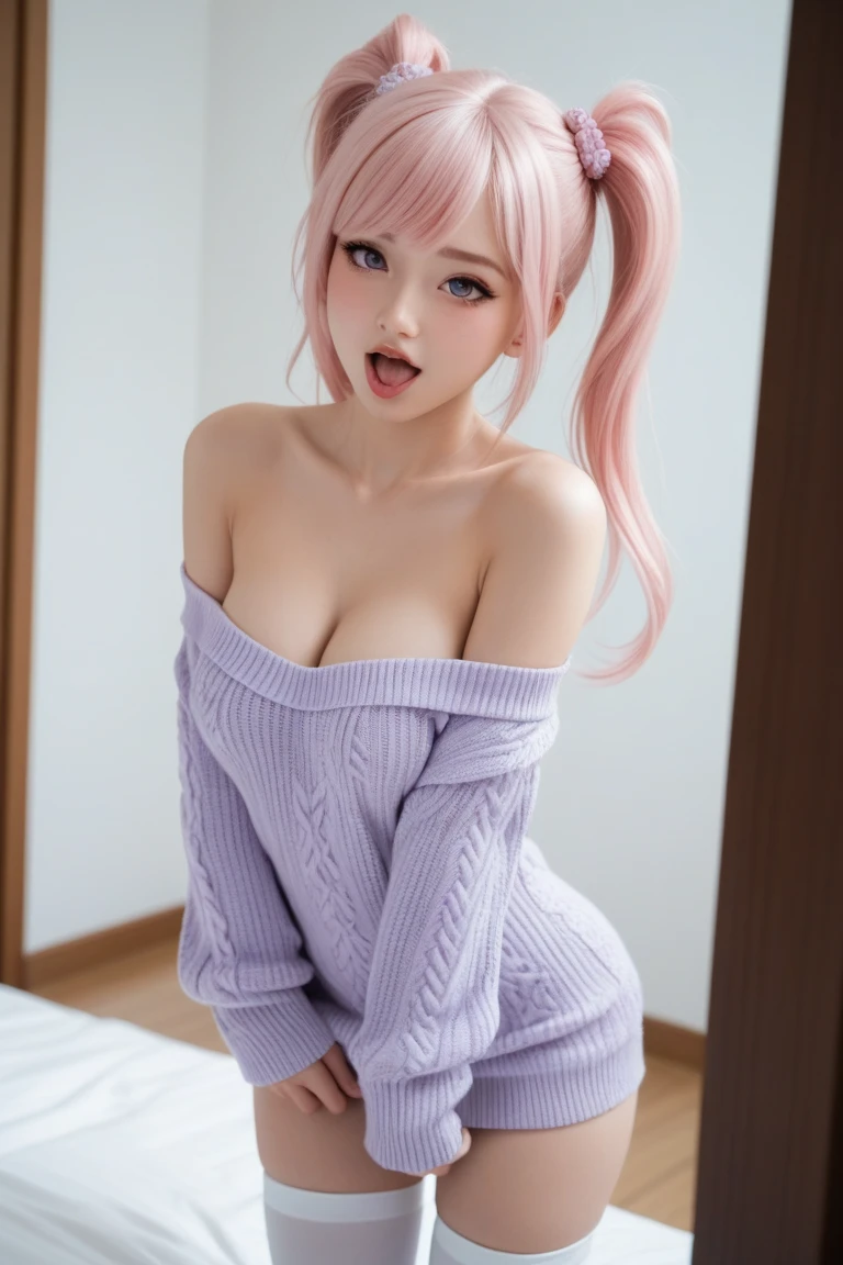 (Tabletop: 1.3), (Maximum resolution: 1.2), (Ultra HD TV: 1.2), Cinematic light, Ultra HD TV, (Fine grain and skin), (Detailed facial features), Hmph, 8K resolution, Sharp focus: 1.2, Perfect Style, Beautiful Face, Perfect body, Acura, Anatomically correct, Highly detailed face and skin texture, Fine grain, Dark blue eyes, double eyelid, Thin eyebrows, Glitter Eyeliner: 1.2, Natural Cheeks, Shiny skin, Fair skin: 1.2, Shiny little necklace and earrings, (Glossy Lips: 1.4), break, First Person View, (She is a very cute high school girl:1.5), (Pink lace panties), (Captivating smile: 1.2), ((Pure and cute girl:1.3)), (Long Wavy Hair), (Light Hair:1.2), , break, ((Very close relationship: 1.2)), Large Breasts, ((View your viewers:1.2)), ((Library 1.2)), ((Bend your knees and open your legs wide:1.2)), (From the side:1.2),Low angle shot,Off-the-shoulder sweater Tight jeans mini skirt Embarrassed look