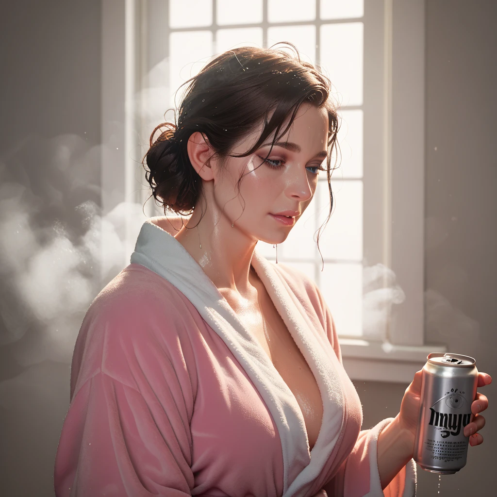 1 mature woman, standing, blond hair, ponytail, curvy, big tits, nude, nervous face, looking away, bathrobe falling down, (best quality,4k,8k,highres,masterpiece:1.2),ultra-detailed,(realistic,photorealistic,photo-realistic:1.37),HDR,UHD,studio lighting,ultra-fine painting,sharp focus,physically-based rendering,extreme detail description,professional,vivid colors,bokeh,portrait,high contrast,dramatic lighting,dramatic shadows