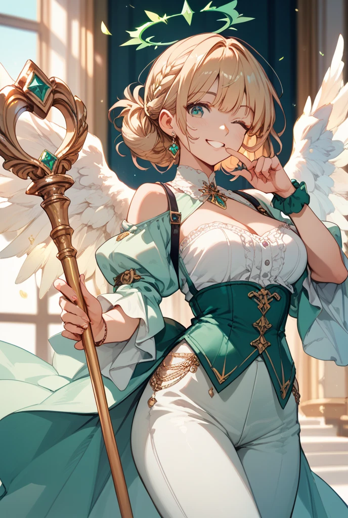best quality, masterpiece, detailed,
<lora:TowerOfGod_RonMei:0.8>, RonMei,
1girl, open mouth, smile,
blonde hair, closed eyes, single hair bun, halo, hair ribbon, ahoge,
orange dress, cleavage, angel wings, thigh strap,
standing,
simple background
