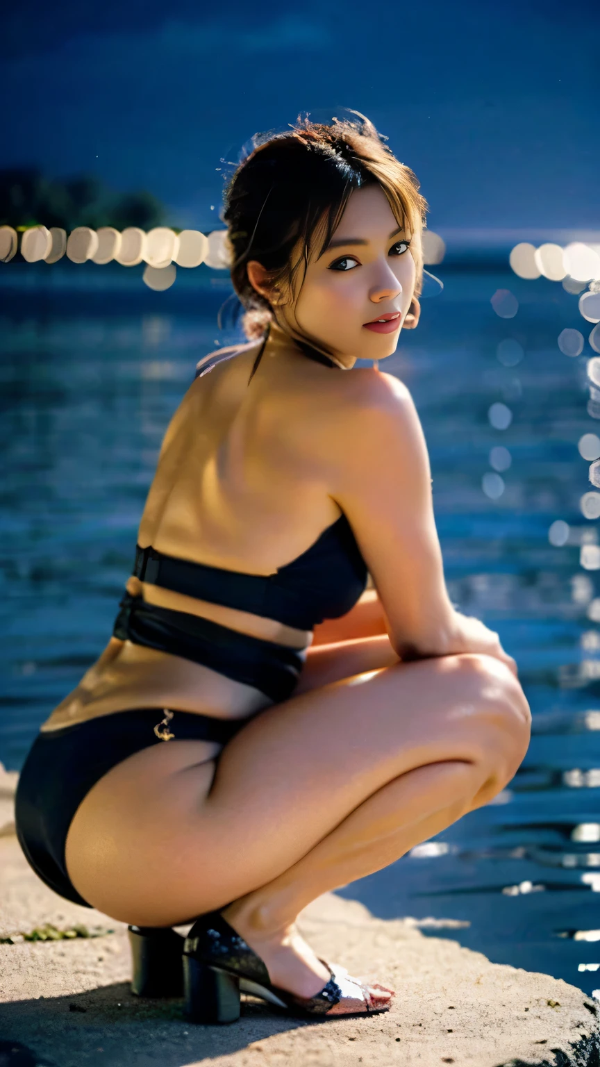 (masterpiece、high resolution、high quality)、Pool at night、The power of feminine beauty:1.5,Photo above from the thigh,Brown Hair、Windblown Hair、Black Bikini、flowers in background々、Hair is medium、Spread your legs、Crescent behind、Backlight、Palm leaves behind、