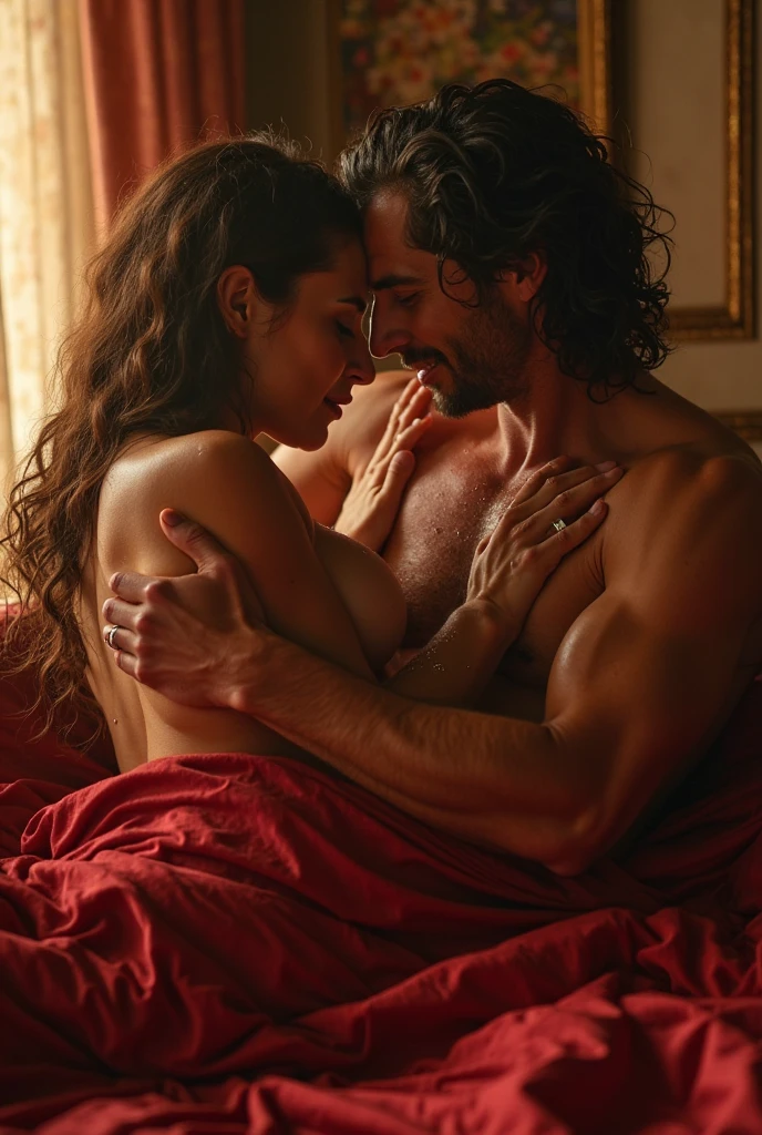 A 209 cm tall, 29-year-old fit and attractive man with black very short swept-back wavy crew cut hair, short black facial hair, shirtless, with Mediterranean-Native American features, wearing black cargo pants and an intense expression as he places his fingers inside a bleeding wound on a woman. The woman is smaller, pale-skinned with vibrant maroon hair, wearing a black bra, lying supine with an arched back on a fur-covered bed in a dimly lit underground basement with dark wood paneling. Photorealistic, cinematic.