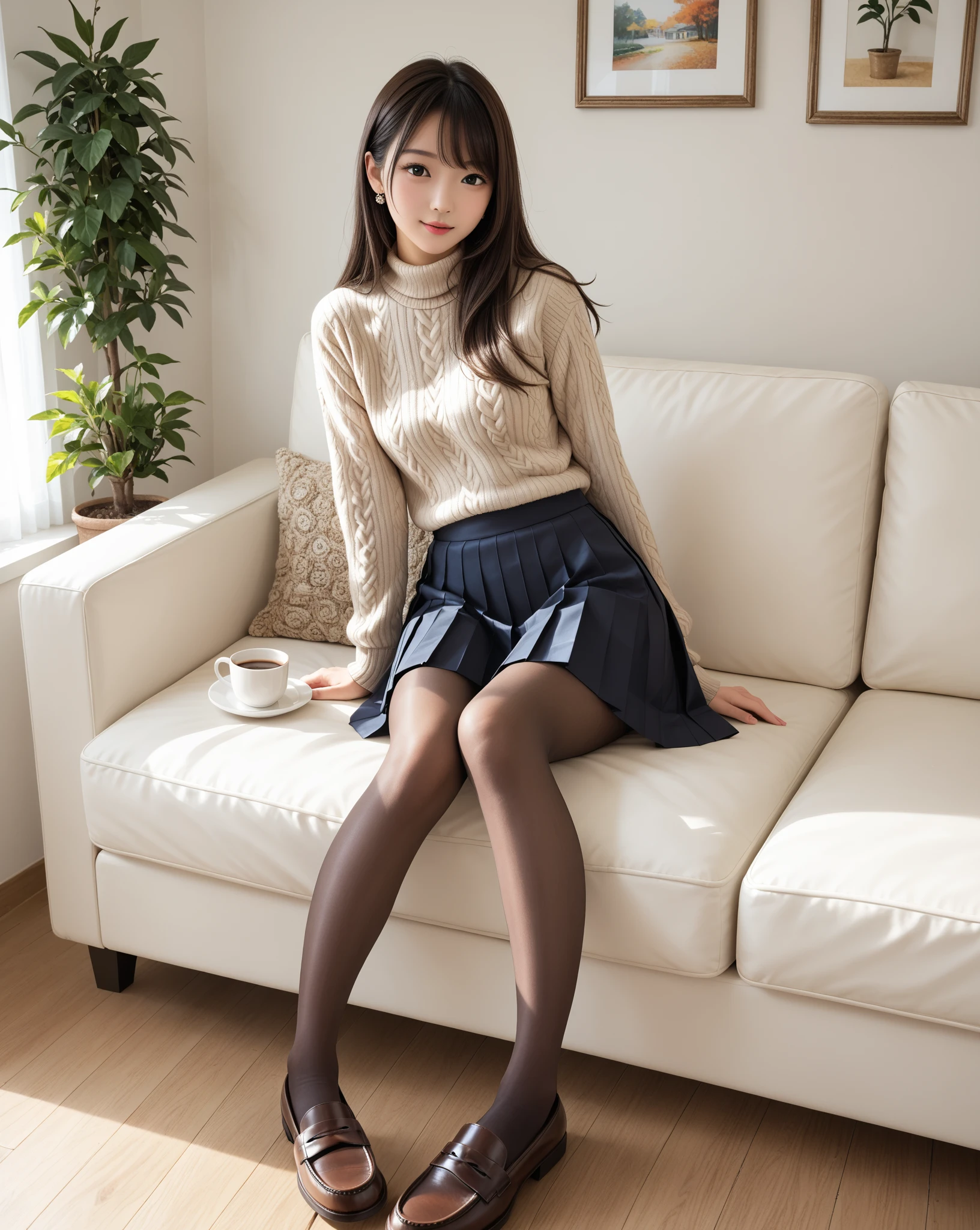 ((highest quality、8k、masterpiece:1.3)),((((fullbody shot)))),Ultra-high resolution,big eyes,Japanese,bangs,(a girl),(1 girl),((20 years old)),((facing at viewer)),((looking at viewer)),(long hair),(((black sailor uniform))),grin,((sitting on chair)),(pleated mini skirt),(((pussy))),((pubic hair)),((skirt lift)),((short crew socks)),(((platform shoes))),((from above))