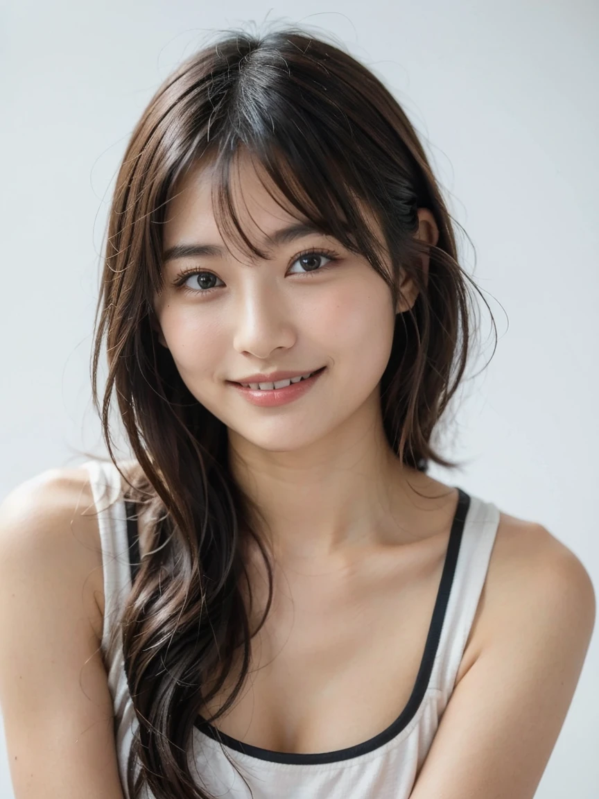 ((highest quality、Masterpiece、High resolution))、(((Zoom photo of upper body、Black Hair)))、(A shy smile:1.2)、One woman、Beautiful Skin、Beautiful Eyes、Cleavage、blazer、shirt、Trimmed bangs、Curly Hair