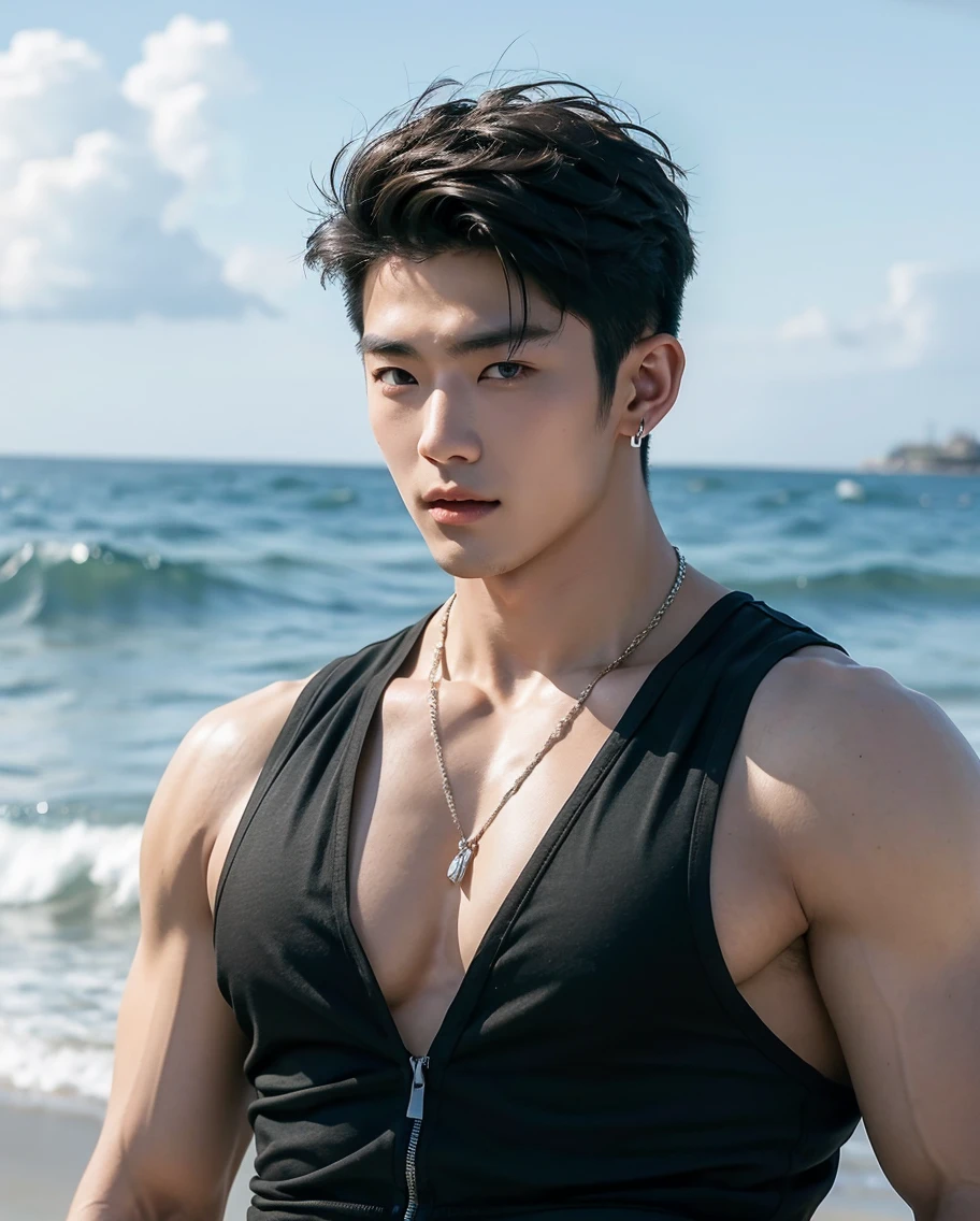 masterpiece, 最high quality, high quality, intricate details, perfect lighting, 1 boy, alone, male focus, looking at the viewer, 若くてハンサムでmuscularなベトナムのライフセーバー, Male lifeguard, Holding a surfboard in hand, tall, muscular, Wearing Lifeguard Yellow Boxer HK Line, mischievous, Naughty, fine eyes, detailed face, smooth hair, realistic skin, perfect hands, realistic, alone, looking at the viewer, low angle shot, realistic, male structure, Asahi, Beautiful beach views,