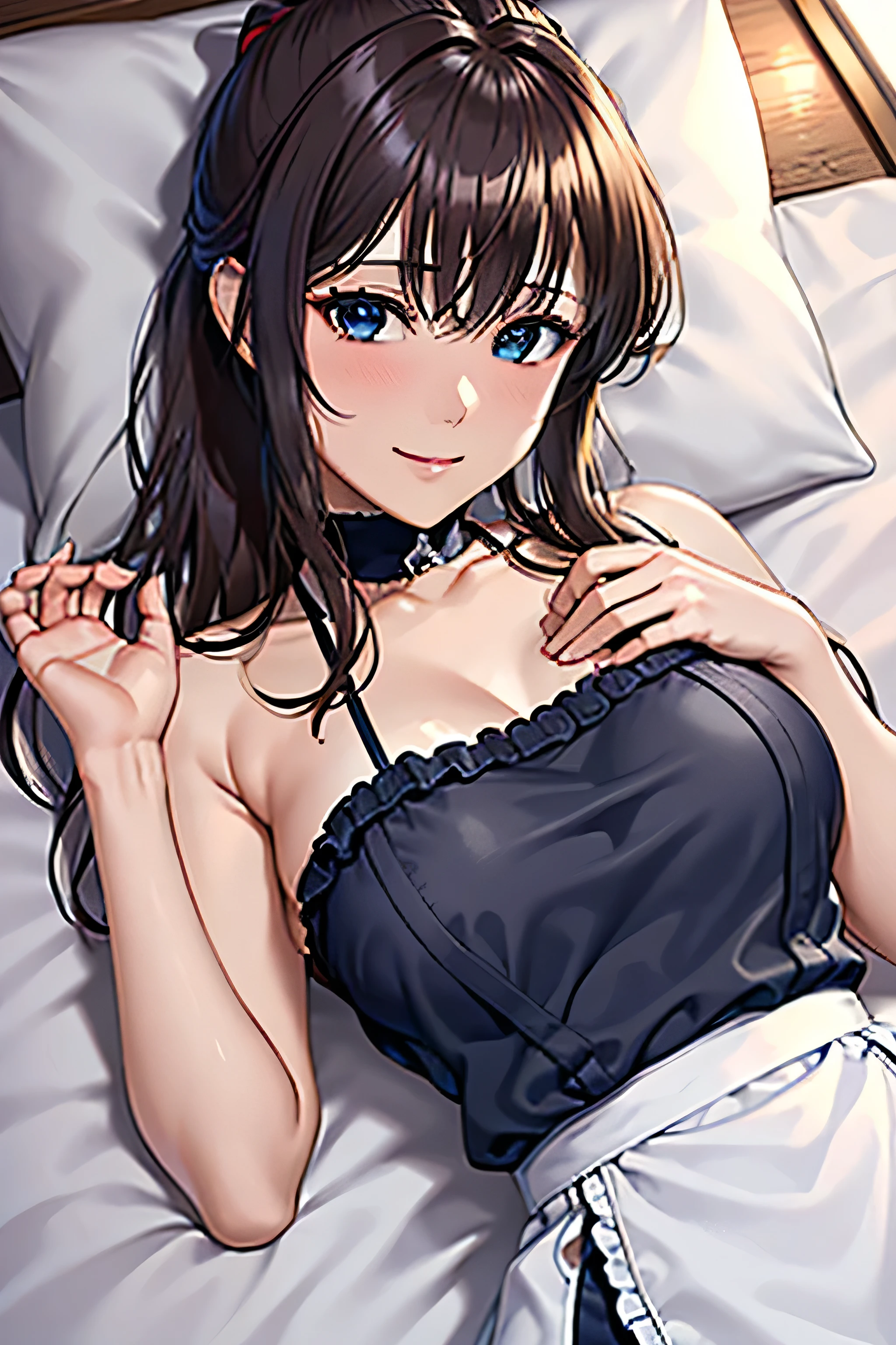 charm，Sexy，Married Woman，Side braids，black hair，blush，Shy，Lipstick，Wear earrings on one side，stockings，Large Breasts，cleavage，Cleavage，bedroom，It was dark all around，Sweat，Light blue lace，Light blue lace，Light blue lace手套，bite