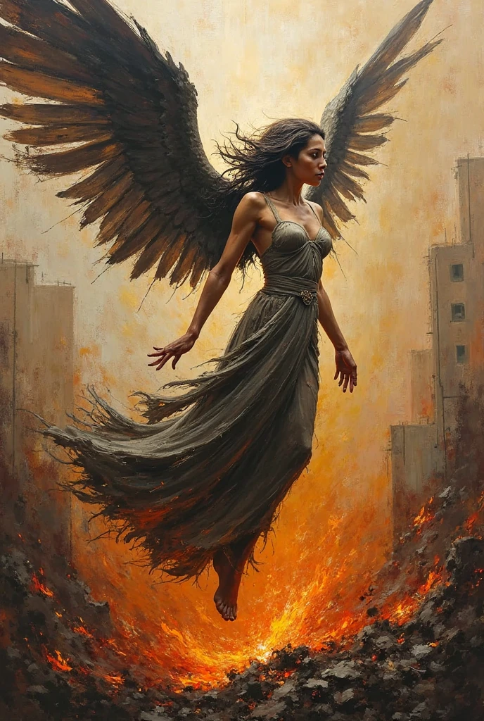 A magical realism painting of a fallen female angel with pale skin, cabello rubio largo y suelto, y tristes ojos azules, arrodillado con enormes alas ardientes hechas de brillantes plumas naranjas y rojas, slowly turning to ashes, The wings spread in a futile attempt to take flight while tormented by pain and despair.., Amid the crumbling remains of once-majestic skyscrapers and temples and temples now reduced to rubble by apocalyptic flames. Use depth of field with the angel in focus to direct the viewer's eye, Vibrant saturation in the fire contrasting with muted grays and blacks in the ruins.