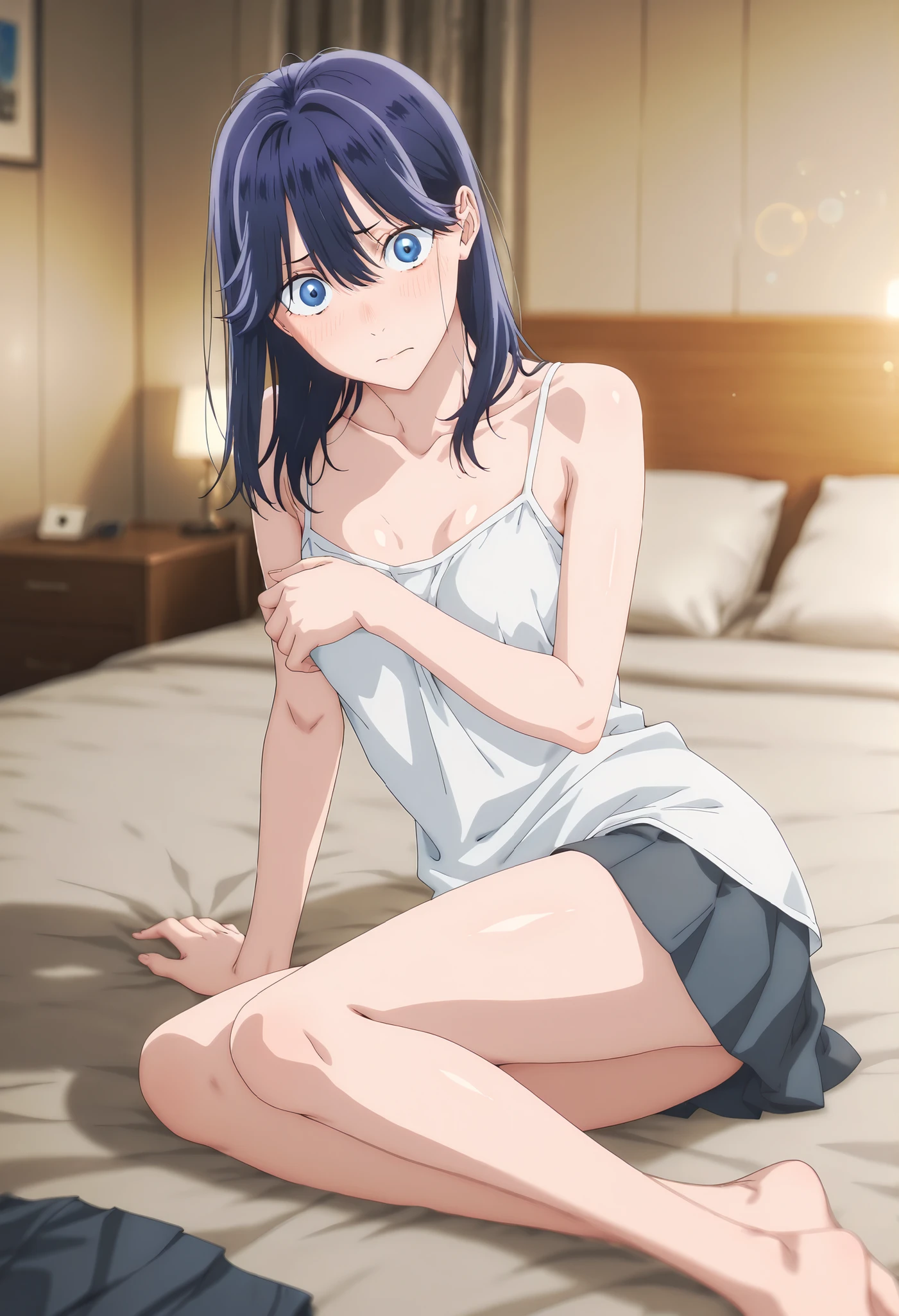 masterpiece, , absurdres, highres, detailed background, high resolution, masterpiece, necessary, detail, best quality, quality, necessary, details, High details, Precise, indoor, ((hotel room)), (dappled sunlight ,day ,lens flare ,blurry background), from side:0.7, , , ,
detailed, anime screencap , anime coloring , official style , (aged up), head tilt, on side, , ,(slim body, slender body), long legs, shiny skin, covering breasts, covering crotch,
Break, girl , , <lora:Amaye_Moriya-20:0.8>Ayame, solo, blue eyes, blue hair, wide eyed, medium hair, hair down, long bangs, hair between eyes, sidelock, white camisole, collarbone, , dark gray skirt, pleated skirt, , ,(small breast), (pale skin), looking at viewer, , embarrassed,