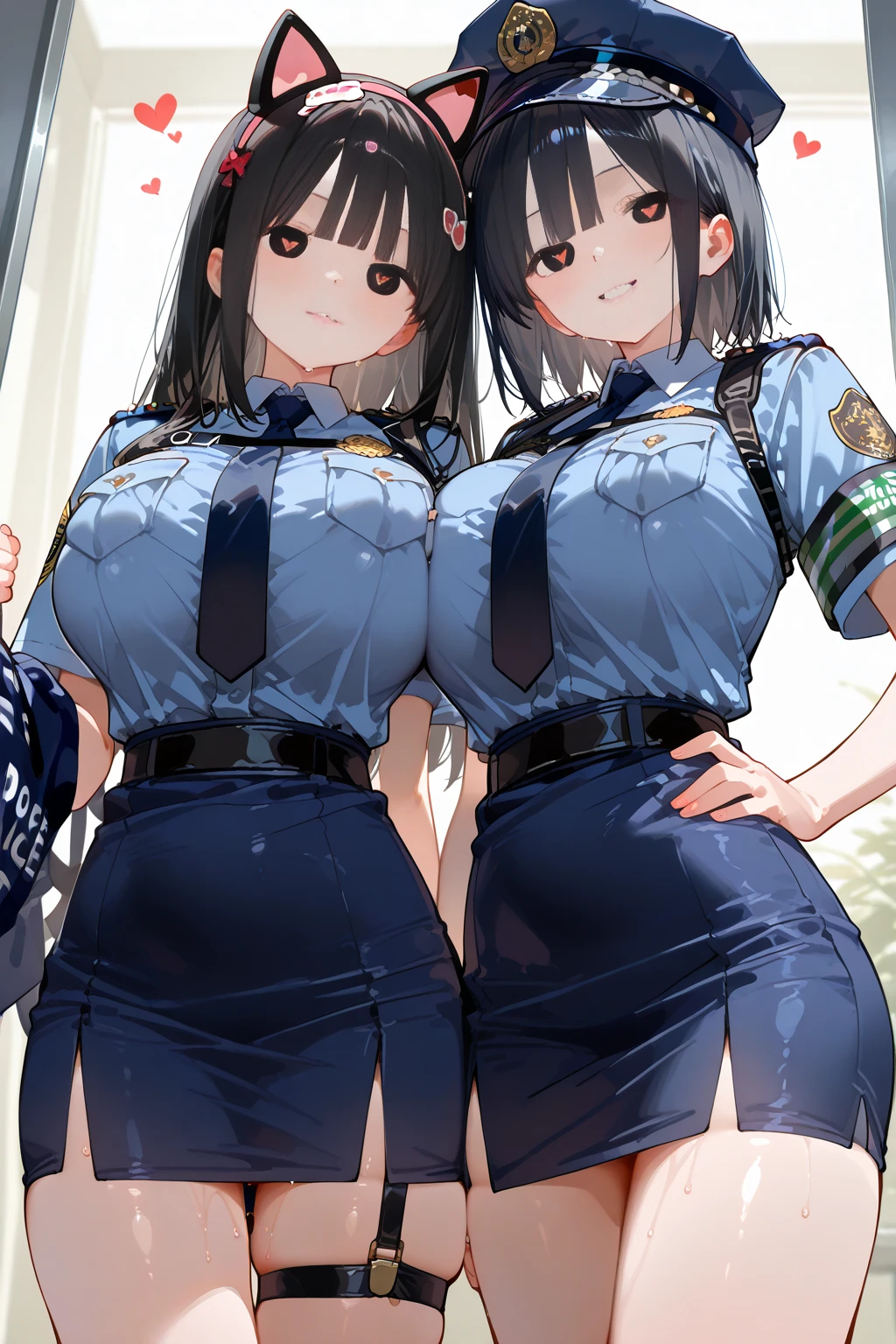 (8K ,Ultra-detailed,Super real photos,Best masterpiece,Nature,perfect work of art,perfect female body),two women,Sister and sister, sisters,rainbow hair,perfect face,(huge tits),neighbor wife,woman hairstyle,elegant wife,At the police station,Exquisite and ,wearing police officer uniform,police uniform,super short thong,穿着低胸露肩police uniform,T-shaped small,huge big,naked leg,full body shot,elastic muscles,raised raised raised,Obscenity exposed
