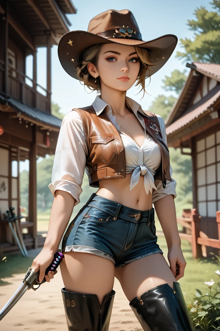 (((1 person:2.0))),(((naked:1.2))),(((Wear a thin western belt:1.3))),((Wear a metal watch on your wrist:1.2))),(((Denim mini skirt))),(((Wear a western hat))),(((Wearing one belt))),(((He is wearing a sleeveless collared shirt, Plaid, Front tie shirt.))),(((Showing cleavage))),(((Exposed thin inner thighs))),(((Small breasts:1.5))),(((nakedの腕))),(((Her hair is brown))),((Blushed:1.2)), Beautiful detailed girl, Very detailed目と顔, 緻密でBeautiful Eyes, Very detailed, High resolution, highest quality, masterpiece, Very detailed, 8k wallpaper, wonderful, finely, highest quality, The light shines on your face,,(Standing in front of a wooden wall),Beautiful Eyes,((Engage your audience:1.2)),,Above the knee shot,((Are standing:1.2)),((Put your right hand on your chest:1.2))