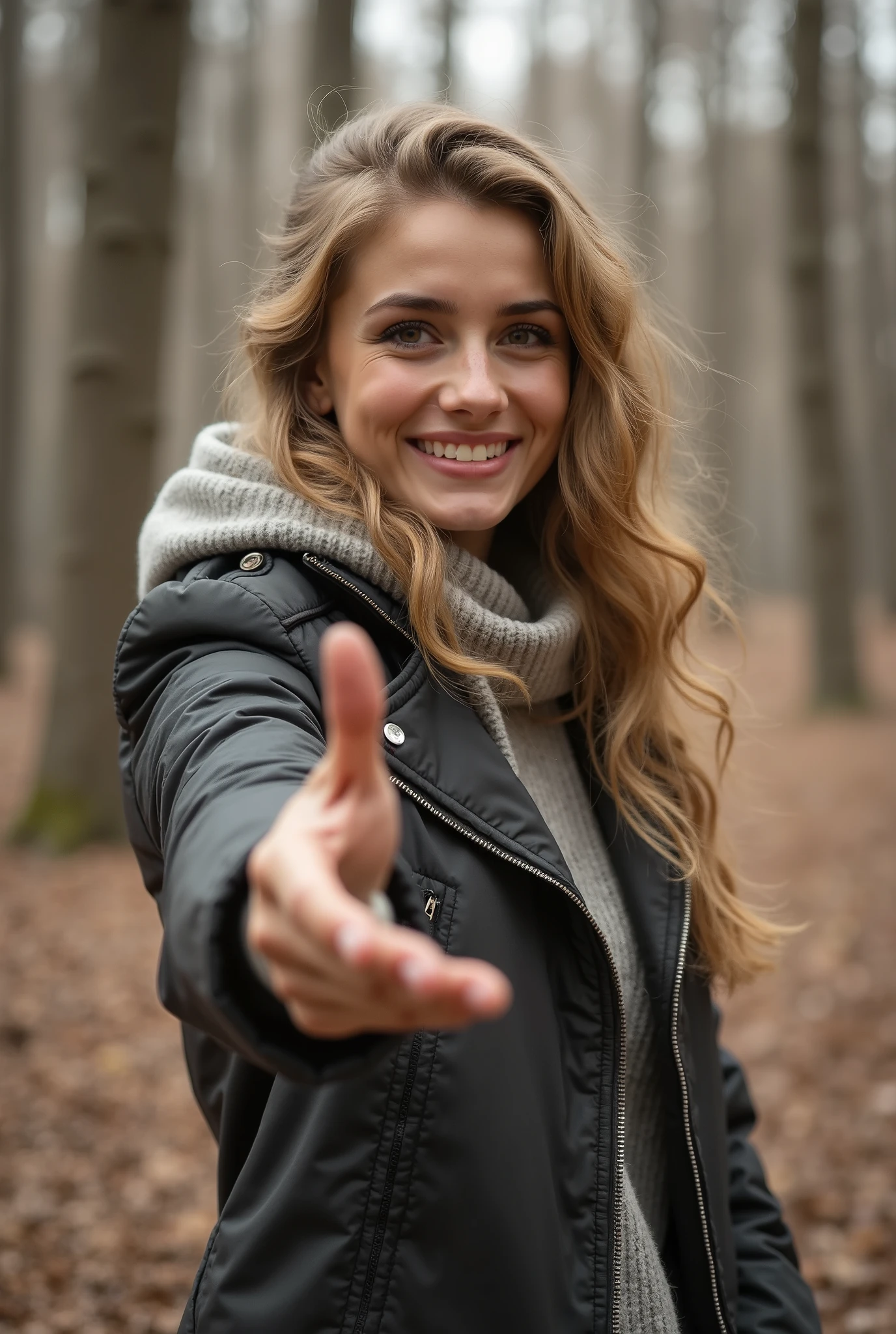 Hand, Прекрасная Милая Девушка Сидит за столиком outdoor посреди леса с чашкой кофе и Показывает Привет,  with a smile on his face, masterpiece, high detail, clearly, complex details, realistically, outdoor,