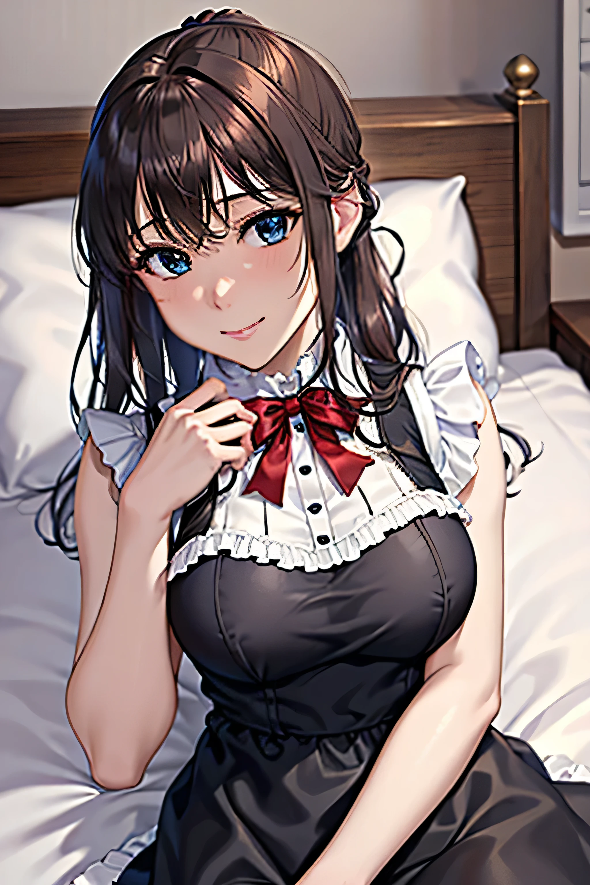 masterpiece, best quality, 1 solo girl, black hair, blue eyes, long hair, medium breasts, sexy body and face, wavy hair, sleeveless maid outfit, floral headdress, black thigh-high, maid skirt, night sky, cowboy shots, detailed body, face, and eyes, sharp focus, vibrant, creative, dynamic, high definition, high resolution, 8k, (Upscale: R-ESRGAN 4x+ Anime6mage enchance:4x), voluptuous body, lying at the bed,