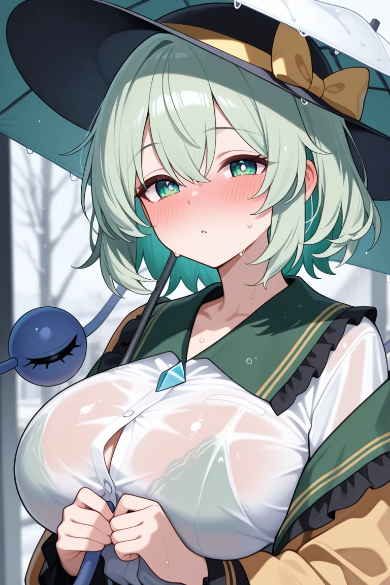 gumi, green eyes, green hair, medium hair, sidelocks,,goggles, goggles on head, , empty eyes , large breasts, nipple, Running, , Heavy snowfall area frozen wet crying mountain Alone, crying, Naked, solo, 1girl,