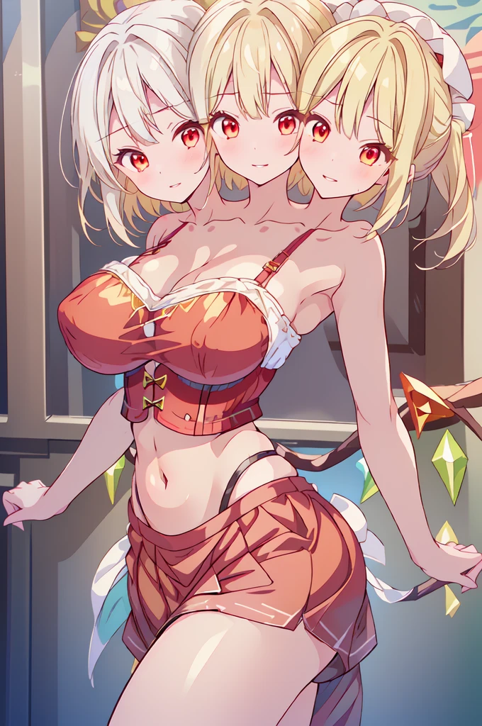 (masterpiece, best quality), best quality, best resolution, (ultra-detailed), (3heads:1.5), 1girl, (flandre scarlet :1.3), masterpiece, best quality, ultra quality, ultra resolution, ultra detail, red top, crop top, ((stomach)), midriff, ((groin)), red skirt, normal ears, shackles, blonde hair, very long hair, wavy hair, sidelocks, red eyes, parted lips, sweat, cute, toned belly, hand on own chest, eyelashes, (23 year old woman:1.3), (masterpiece:1.5), (best quality:1.5), (beautiful detailed), extremely detailed CG, extremely delicate and beautiful, depth of field, (finely detailed face), (perfect details:1.2), (mature female:1.3), wide pelvis, slender, large veiny breast, 16k resolution, highres, high quality, high definition, extremely detailed, masterpiece, best quality, blonde hair, long hair, alluring presence, braid, short skirt, close up, very big tits, huge tits, young, small red bow, mobcap,