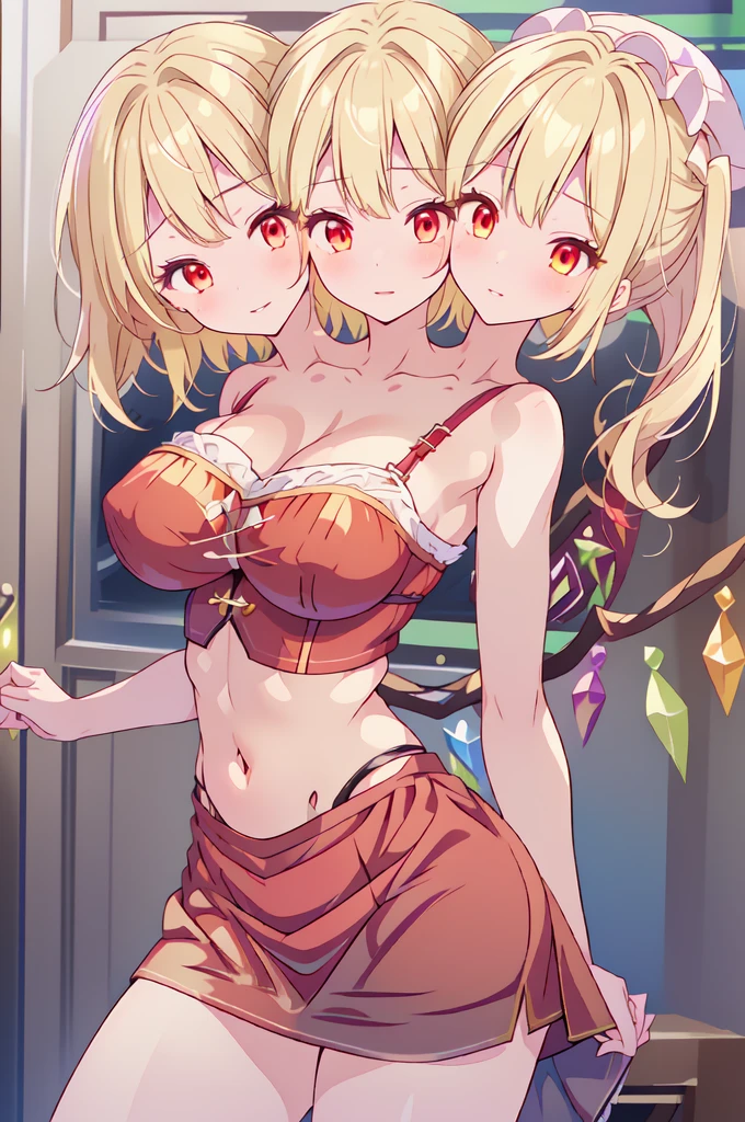 (masterpiece, best quality), best quality, best resolution, (ultra-detailed), (3heads:1.5), 1girl, (flandre scarlet :1.3), masterpiece, best quality, ultra quality, ultra resolution, ultra detail, red top, crop top, ((stomach)), midriff, ((groin)), red skirt, normal ears, shackles, blonde hair, very long hair, wavy hair, sidelocks, red eyes, parted lips, sweat, cute, toned belly, hand on own chest, eyelashes, (23 year old woman:1.3), (masterpiece:1.5), (best quality:1.5), (beautiful detailed), extremely detailed CG, extremely delicate and beautiful, depth of field, (finely detailed face), (perfect details:1.2), (mature female:1.3), wide pelvis, slender, large veiny breast, 16k resolution, highres, high quality, high definition, extremely detailed, masterpiece, best quality, blonde hair, long hair, alluring presence, braid, short skirt, close up, big tits, young, small red bow, mobcap,