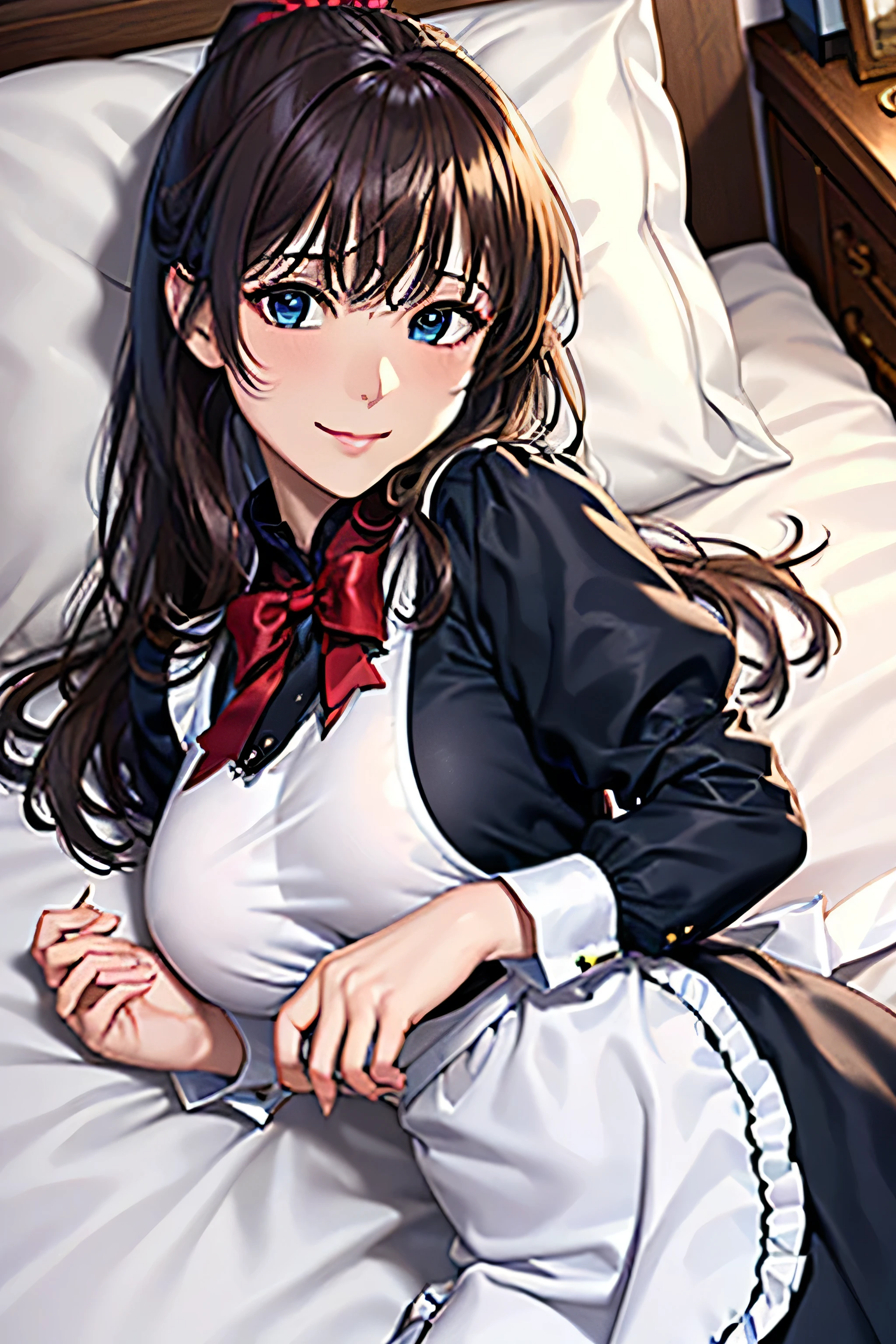 ((Tabletop, highest quality, High resolution, , Pixel perfect, 4K,))), 1 beautiful woman, private teacher、The whole body is visible、 ((Mid-wave hair, bangs, Brown Hair)), ((Brown eyes, Beautiful eyelashes, Realistic eyes)), ((Detailed face, Blushing:1.2)), ((Smooth texture:0.75, Realistic texture:0.65, Realistic:1.1, Anime CG Style)), Mid-chest, Dynamic Angle, Perfect body, (( , , 、Frill apron, Maid Costume、Ruffled short sleeve shirt)),bedroom、 Lying on the bed、、Very embarrassing panic smile, 、、、、(White and pink floral lace panties are visible、Open your arms、)、Angle from below)、