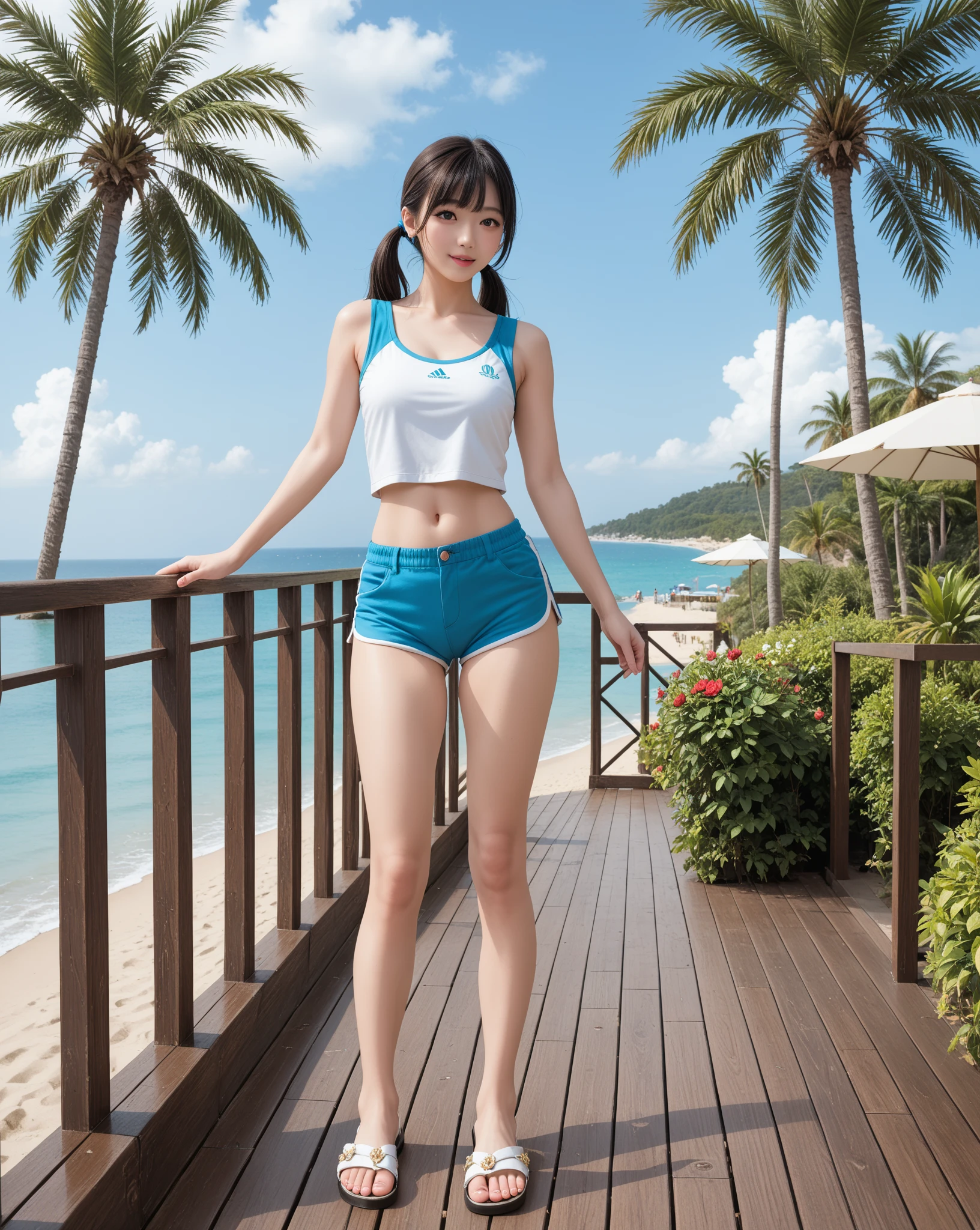 ((masterpiece)), (highest quality), 23 years old,Very detailed, finely, (High resolution), (8k), ((Perfect front viewcomposition)), (Natural color lip),(Side Ponytail:1.3),(((Standing facing forward on the beach at night, Look at me and smile))),((Printed T-shirt)),((Light blue fitness shorts)),((From the whole body to the toes:1.3)),((Perfect front view)),((The magnificent Milky Way floating in the night sky)),((Natural pose)),,((Big ribbon on thigh)),((Normal size buttocks)),((Ample breasts)),((Full and firm breasts)),(Look at me and smile),