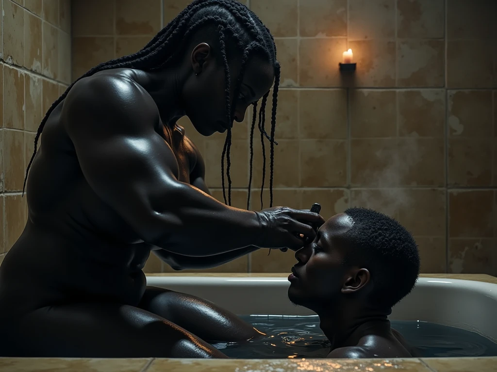 photorealistic, African American couple, one man and one woman kissing, kissing, licking skin, dreadlocks or braids, beautiful, sexy, (Best quality, 8k, 32k, Masterpiece, UHD), no bra, no shirt, ?????, 32K wallpaper, luxury bathroom background, in bath tub, (the woman has a big ass, voluptuous, and thick body figure), big lips, oily skin, nighttime, candles and roses around, sweaty, dripping wet, passion, affectionate