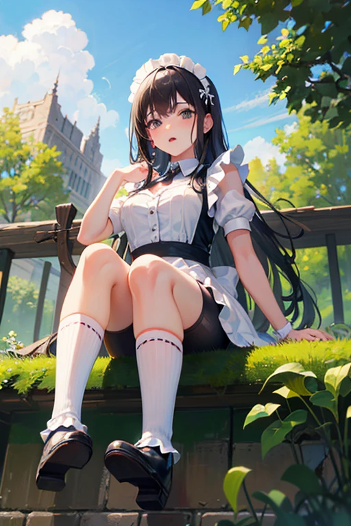 Beautiful girl, sitting on the riverside grass, the girl is a beautiful girl in a white pleated skirt, wearing black stockings on her legs, big breasts, big ass, panties, blushing