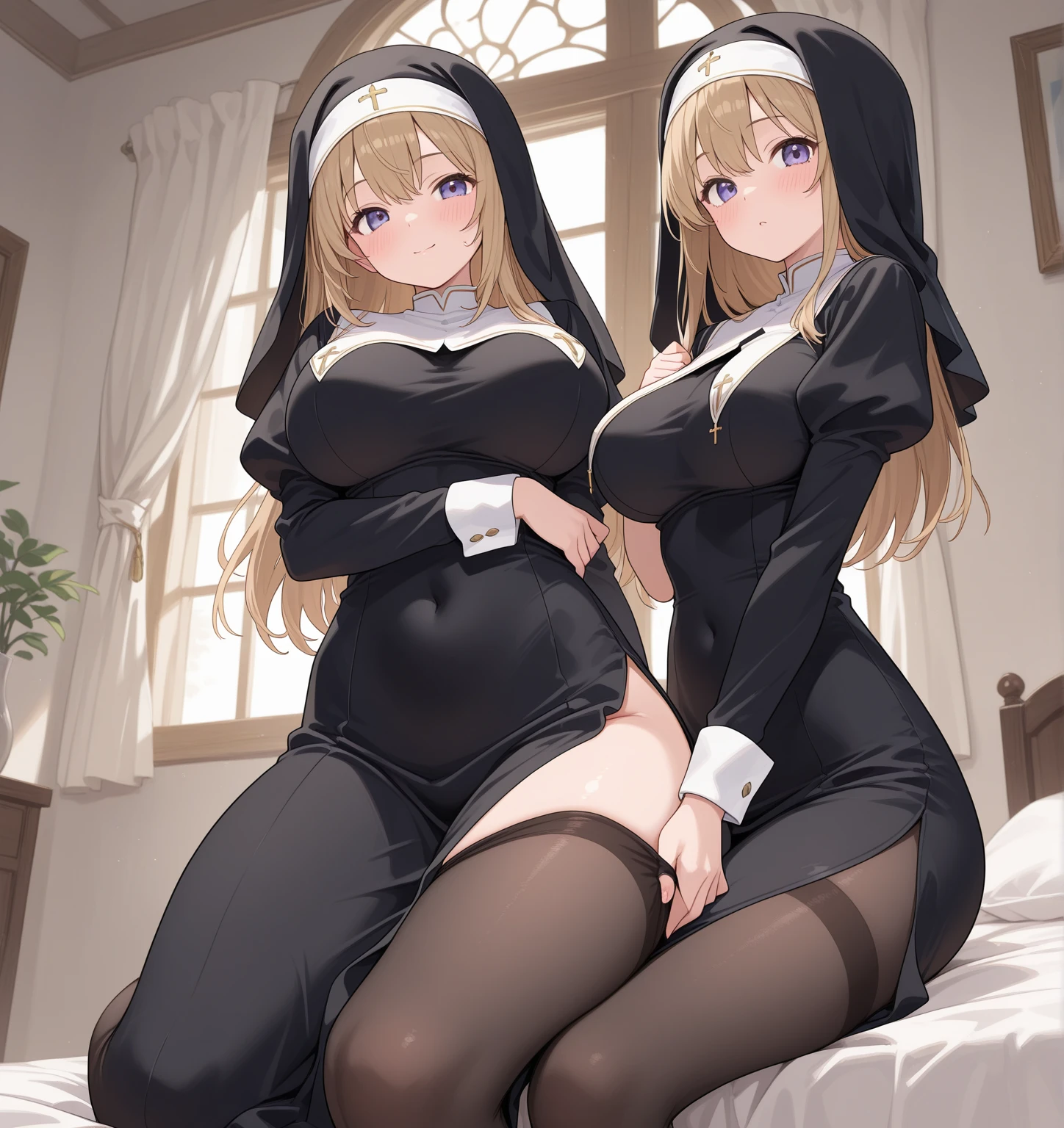(8k ,Super detailed,Hyper-photorealism,The best masterpiece,Nature,Perfect work of art,Perfect female body),Two cute busty girls ,(large tities),Nuns in the hospital,Fashionable Hairstyle,Elegant and sexy little ohm,taking selfies with their mobile phone,Wearing sexy vacuum nun,Built-in thong,Large cleavage,Standing at the door,Expecting to Serve,,Stretch the meat,Sexy bulge,Exposure ,tit,full-body shot