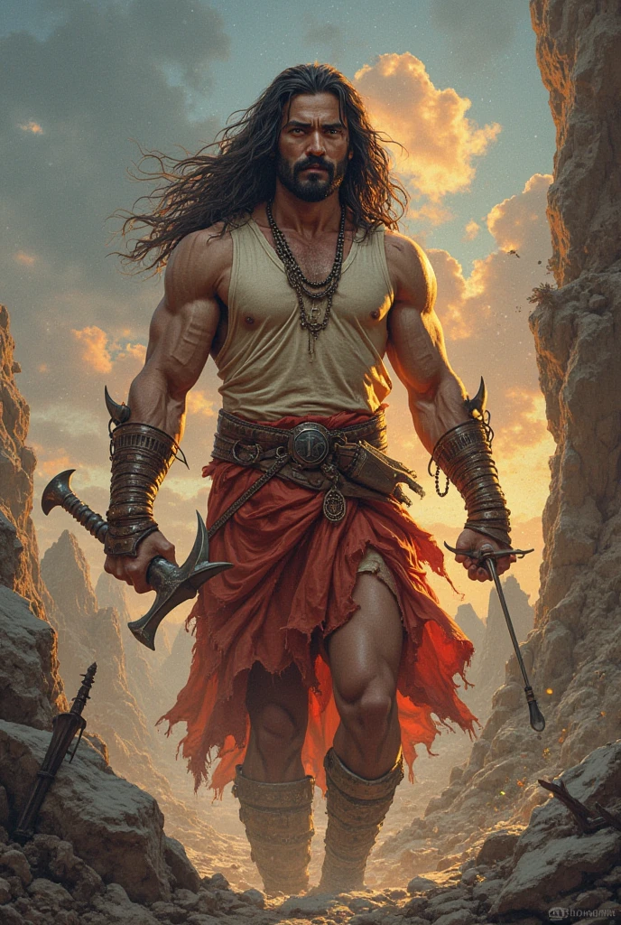 Long hair Curly hair handsome man walking in the jungle with sward