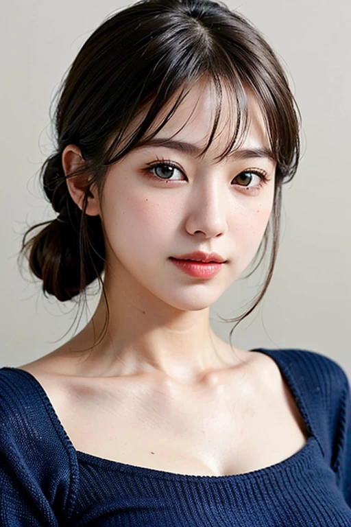(Highest quality:1.4),(masterpiece:1.4),(Realistic:1.4),(Realistic:1.2),(超High resolution, RAW Photos:1.4),(High resolution, Very detailed:1.2),(8k:1.2),photograph,a photo of a dark-haired,one person's,alone,((school uniform, Sailor suit, Navy blue and white traditional Japanese style, Fine ribbon and pleated skirt)),((Big Breasts)),((Upper Body:1.3)), cleavage