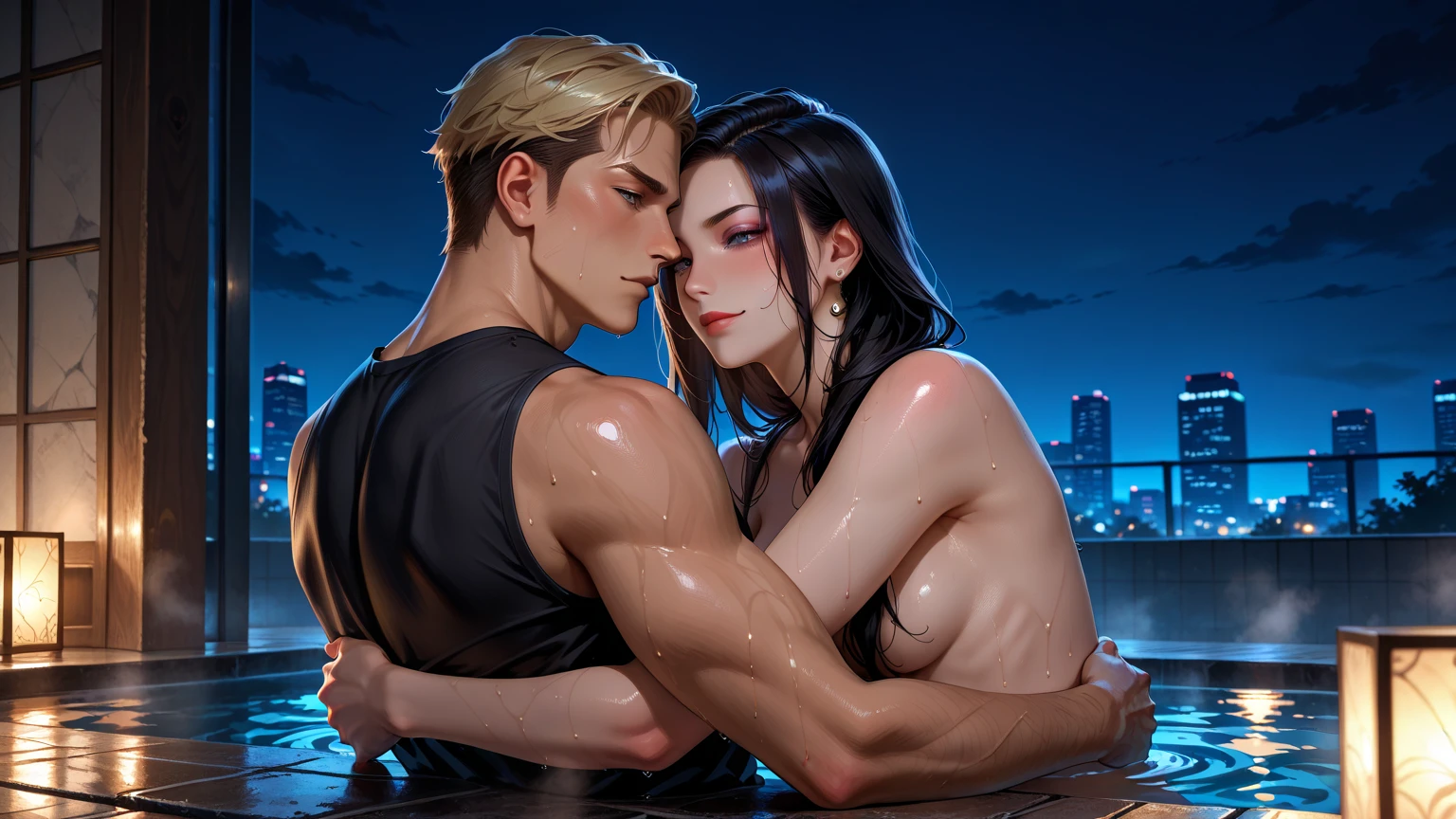 A young couple is romancing inside a boat. The woman is wearing short sexy clothes. Her hips are very big and has a tattoo. It is night. There is a forest nearby.