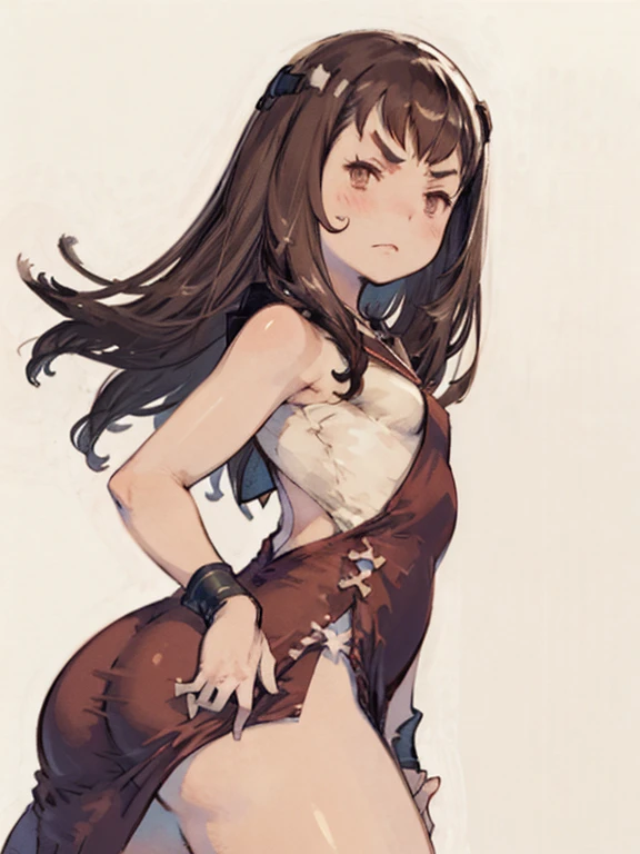 ( 1curvy girl, long hair, braid: 1.3, dark brown hair, simple color hair band, brown eyes, baby face, brown eyes), medium breasts:1.1, sagging breasts:1.3, spread breasts:1.2, pretty breasts:1.2, short in height1.1, thick thigh, completely bare:1.3, bare breasts:1.2, breasts focus:1.3, papilla of breast,