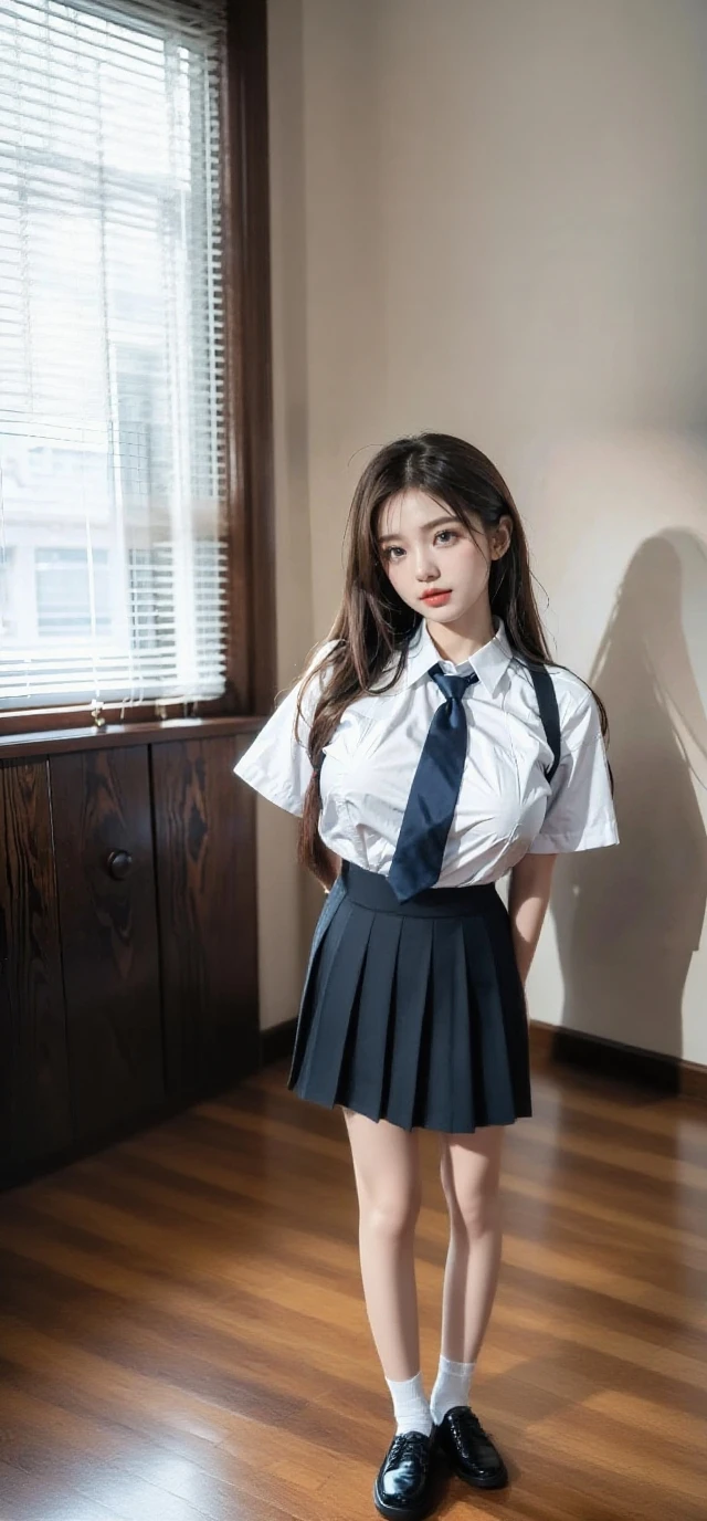 Korean school uniform、summer school uniform shirt、tight shirt、ribbon tie、Skirt by the、schools、school stairs、Emphasize your chest with both arms、Slender big、8K RAW photo、Hight Resolution、age:18 、Japanese people、Eyes of Wound、very large, Round chest eyes are detailed and detailed......、Long eyelashes and beautiful double eyelids、eyeshadows、Eyeline、slender eyes、elongated eye shape、sanpaku eyes, beautiful, Thin leg, beautiful, thin thigh、Random Shorthair、Tie your hair behind your head、eardrop、Light-brown hair、(Wearing pantyhose)、Thighs are erotic、Sorrisos、The mouth opens slightly