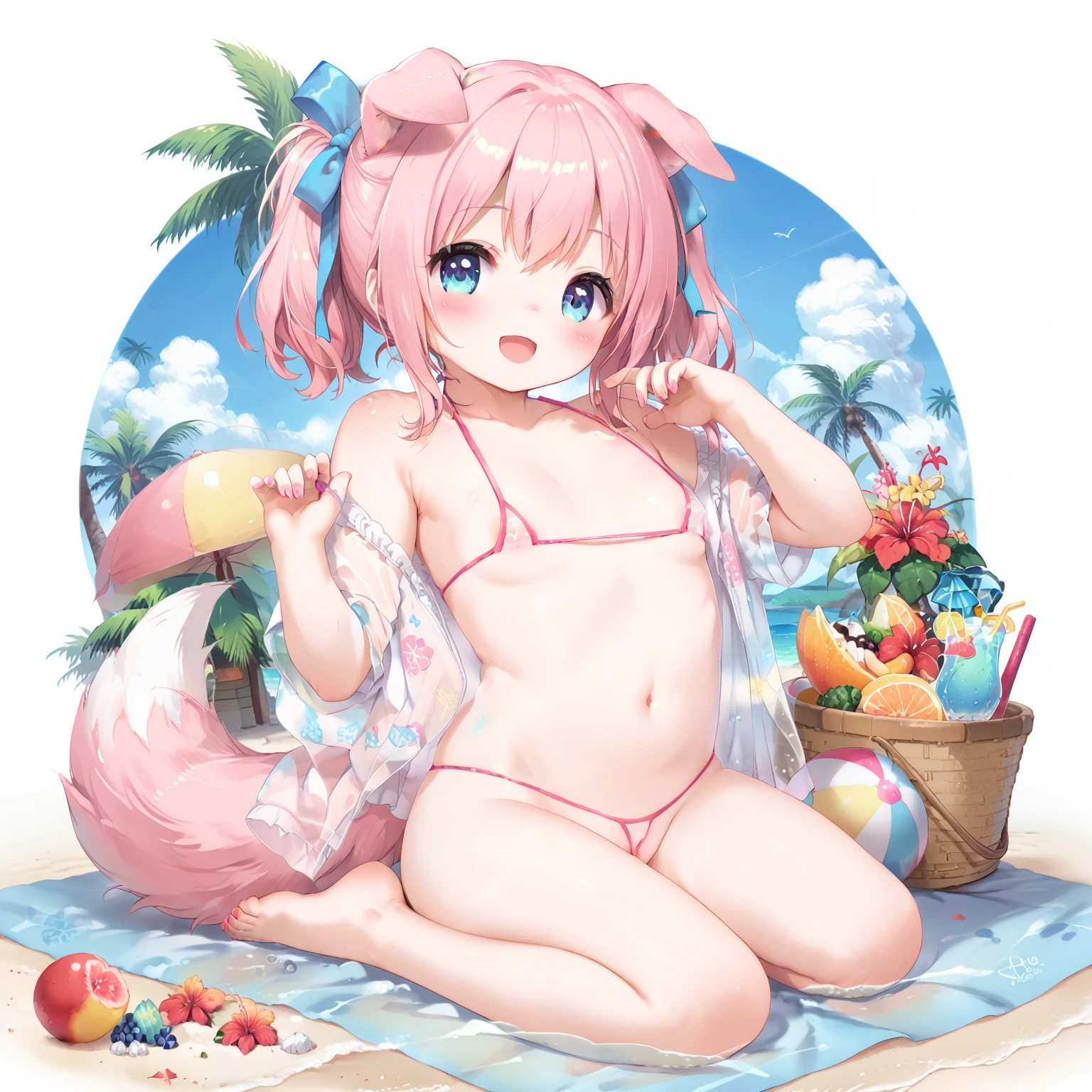 Fox Woman、body covered with fur、huge-breasted、kawaii、School swim wear、summer day、((High Position))、A big smile、bbw、thick thight、big butts、Ultramammy,Chibi,Nanachi