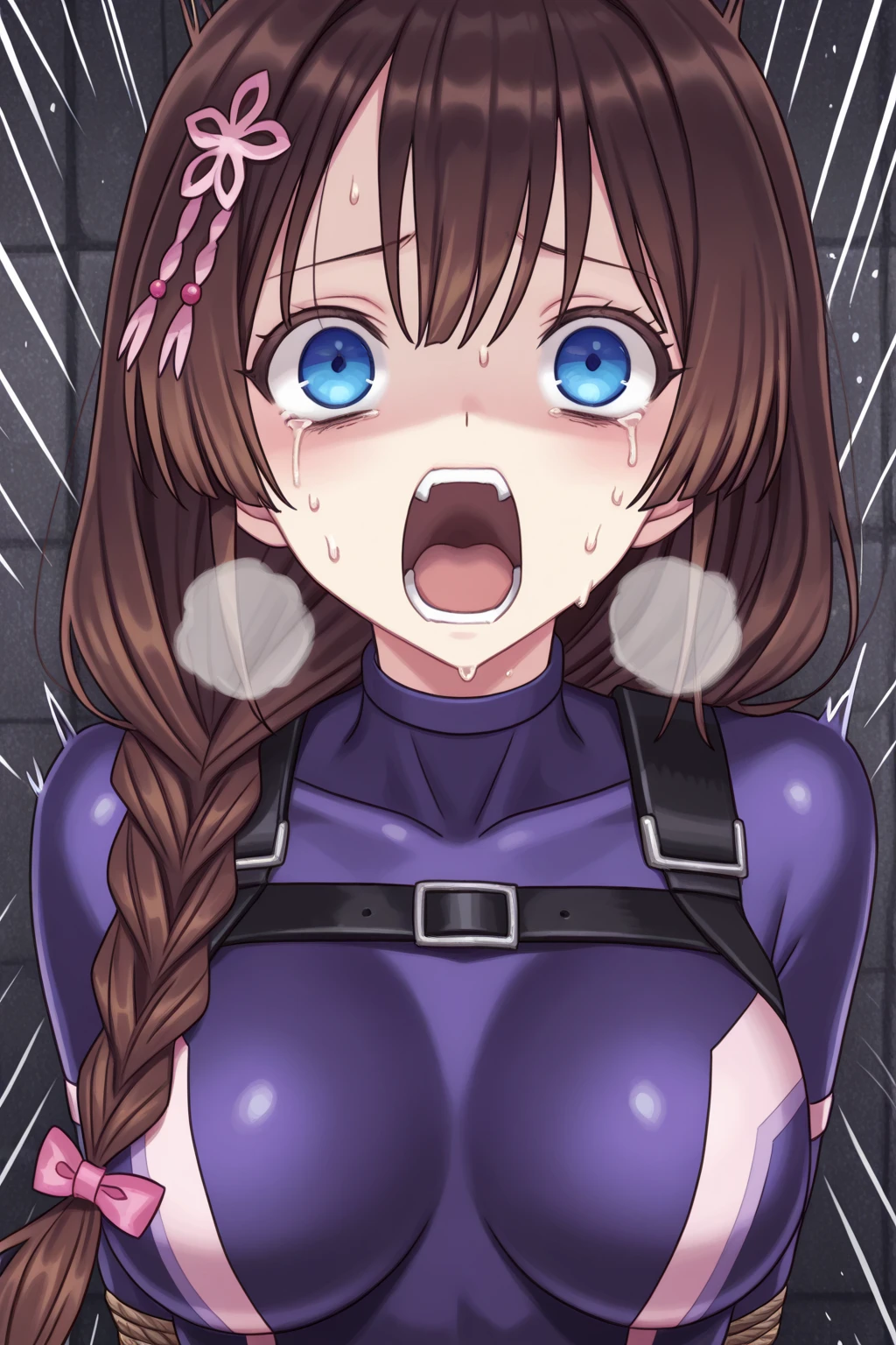 best quality, (masterpiece:1.2), highly detailed,
Dungeon background,
1girl, solo,
nanakusa nazusa, annoyed, nervous
looking at the viewer, mouth gagged, mouth taped, fang,
blue eyes, pink hair, hair rings,
sleeveless turtleneck, cleavage cutout, navel, huge breasts, wrists taped, arms taped, arms behind back, very close to viewer, short shorts, tigh highs, top down view