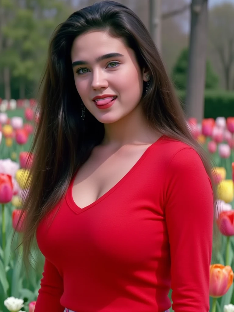 Beautiful girl about 20 years old., exotic beauty, long curly hair, red-lips, in a black and red suit in retro style, pretty. A girl stands in the middle of the park, Smiling.
Daytime soft light, Sunny weather, Cinematic, Highest Quality, high detail, hyper realisitc, cinematic quality, high detail,
