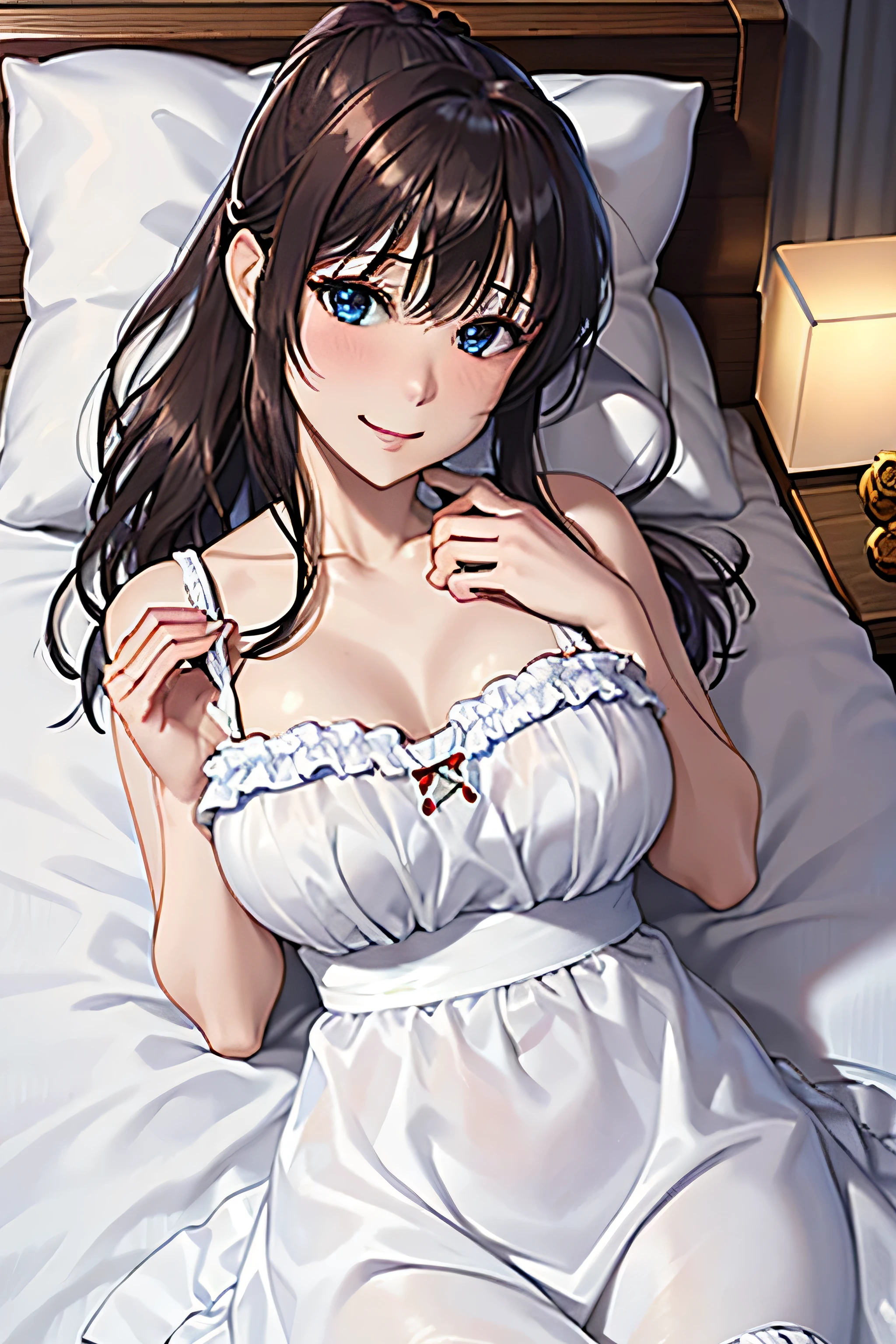 ((Tabletop, highest quality, High resolution, , Pixel perfect, 4K,))), 1 beautiful woman, private teacher、The whole body is visible、 ((Mid-wave hair, bangs, Brown Hair)), ((Brown eyes, Beautiful eyelashes, Realistic eyes)), ((Detailed face, Blushing:1.2)), ((Smooth texture:0.75, Realistic texture:0.65, Realistic:1.1, Anime CG Style)), middle size breast, Dynamic Angle, Perfect body, (( , , 、Frill apron, Maid Costume、Ruffled short sleeve shirt)),Luxury Bedroom、 Lying on the bed、、Very embarrassing panic smile, 、、、、(Floral lace panties are visible、Open your arms、)、Angle from below)、