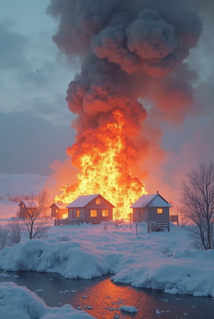 The shockwave rattled windows for miles as a mushroom cloud of pure color blossomed over the landscape. It was as though a rainbow had detonated into a kaleidoscopic fireball, its psychedelic shockwaves rippling outward.
At the epicenter lay a burning log cabin. Its roof was engulfed in crimson flames that licked upward and outward, blending seamlessly with the blazing rainbow explosion overhead. The cabin's walls blackened and cracked as fire consumed them wholly, vivid orange tongues reaching from each window and between every log.
Plumes of inky smoke rose into the air, only to catch the light of the rainbow blast, scattering into vivid hues. The cabin crumbled inward on itself, vivid embers swirling up to merge with the ripples of color expanding in every direction.
The blast left behind swirling eddies of rainbow mist, refracting light that dazzled the eye. Everything it touched was imprinted with a shimmering aura, as though irradiated by the mystifying forces unleashed.
At the center of this awesome spectacle, the humble log cabin had been reduced to ash in seconds, vaporized by the intense rainbow shockwaves. Now only its burning impression remained seared into the riotous color exploding outward into infinity.