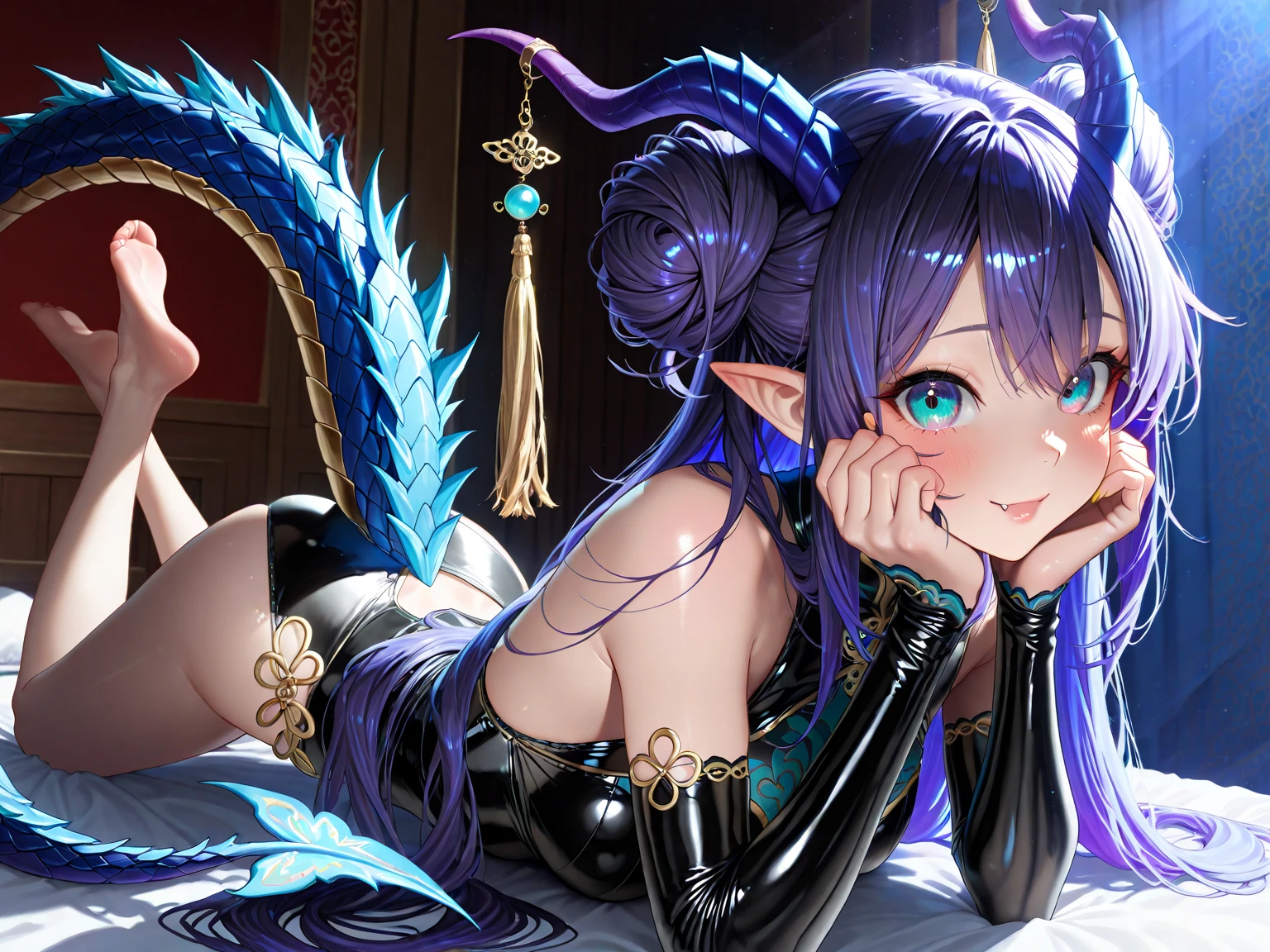 character strictly with two legs, ((masterpiece)), ((best quality)), ((ultra detailed)), delicate, (ultra realistic), 16k wallpaper, ((extremely detailed)), ((american shot)), variety of poses, ((no bra)), (tits exposed), ((1girl)), angelic face, very young, short, glass eyes, purple eyes, oily lip, extremely long hair, fluttering in the wind, ((anatomically shaped legs correct) ), ((anatomically correct hands)), perfect hands, (five fingers), (detailed face), (perfect butt), (perfect face), (perfect body), extremely, ((small breasts)), has a loving gaze, an expression of longing, intricate flower hair ornaments, (black choker, detailed gold and diamond pendant), ((heels tall)), A huge antique clock, gears, pendulums, antique numbers on the floor, antique porcelain vases, dried flowers in jars, rows of antique wine bottles, antique furniture. fine porcelain, small decorative figures, antique painted paintings, a huge pet dragon