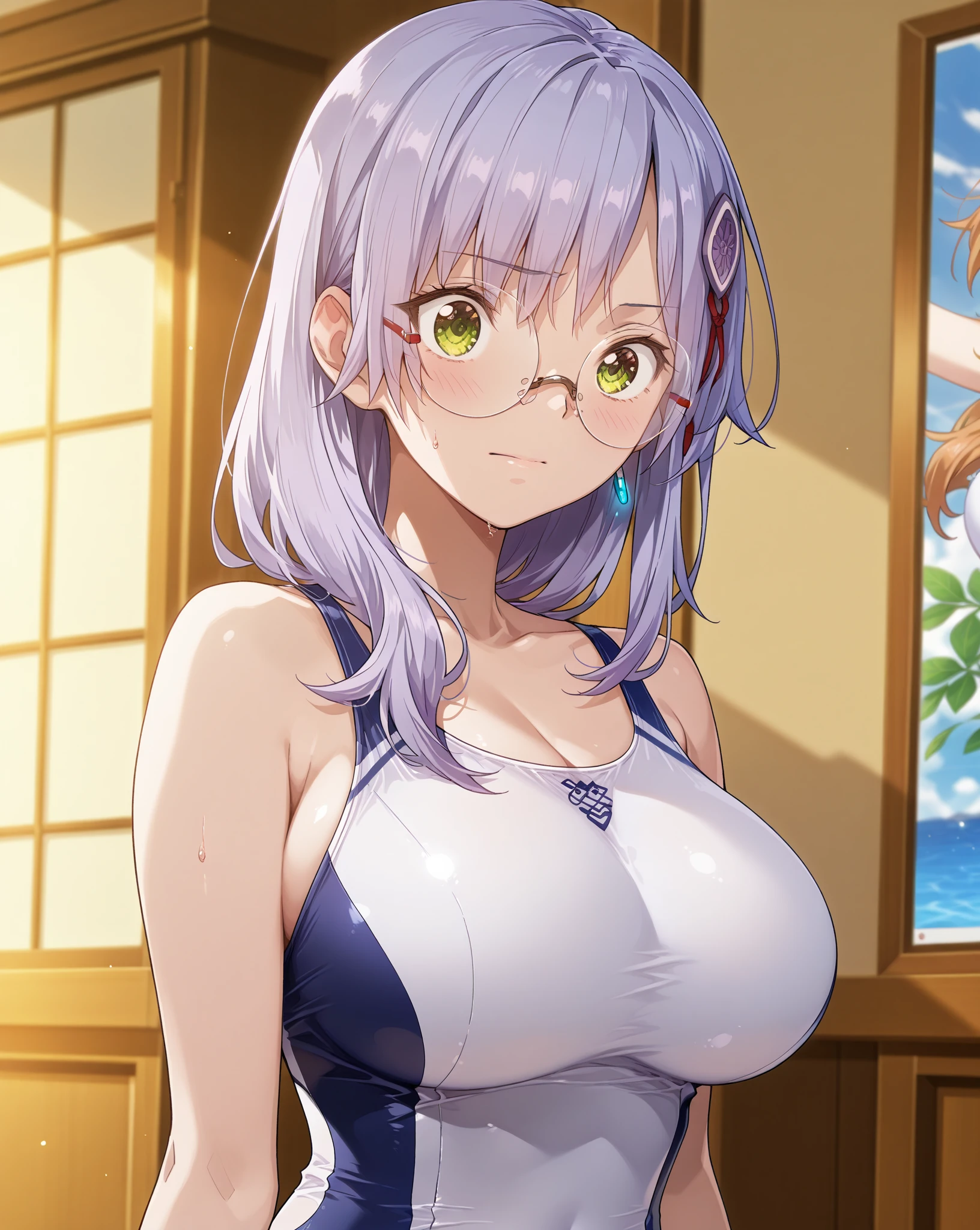 yuki izumi, glasses, green eyes, hair ornament, long hair, purple hair, yukata, summer festival, japanese clothes, <lora:Yuki_Izumi-04:0.8>