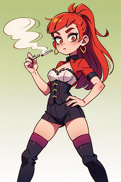 アニメ, best qualityer, Caucasian female, long red hair, Red eye , long sleeve black fitted shirt , black short skirt , black long boots,black halo, black cyberpunk glasses on head, black devil syrup, with a cigarette
